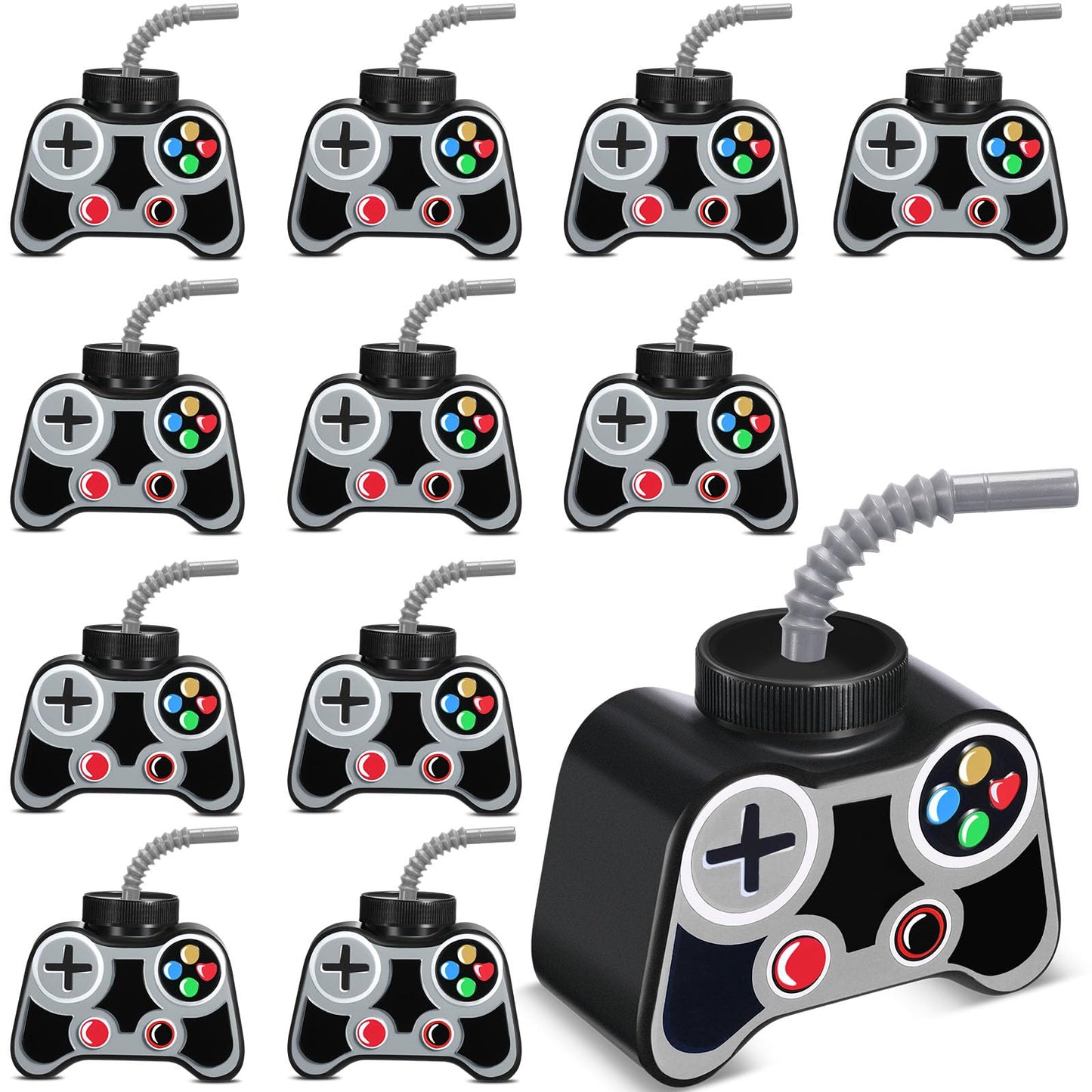 Mifoci 12 Pcs Plastic Video Gaming Party Favor Gift Supplies Cups With Straw And Lid,10Oz Gamer Birthday Party Video Game Shape