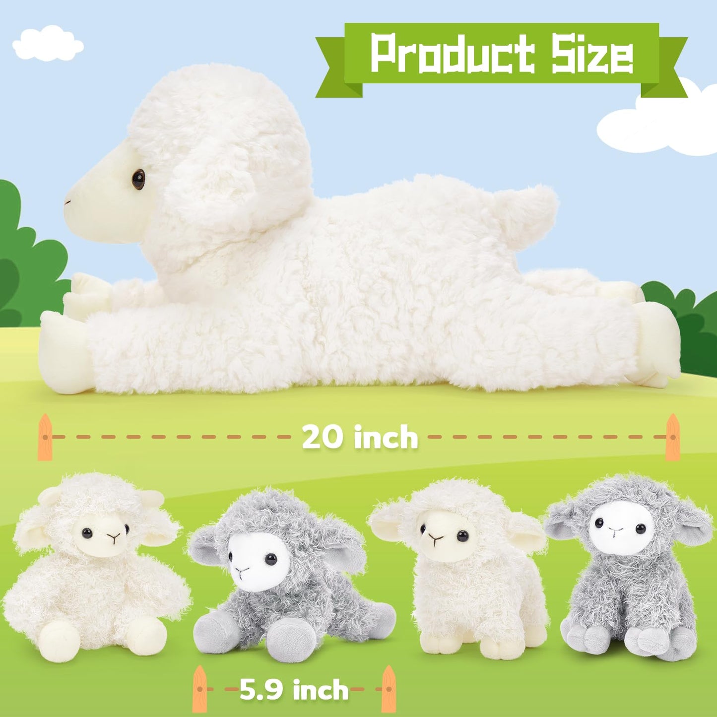 Beniny 5Pcs Lamb Stuffed Animal Set, Mommy Lamb Plush 20 Inch With 4 Baby Lambs In Her Zippered Tummy, Stuffed Sheep Plushie Toy