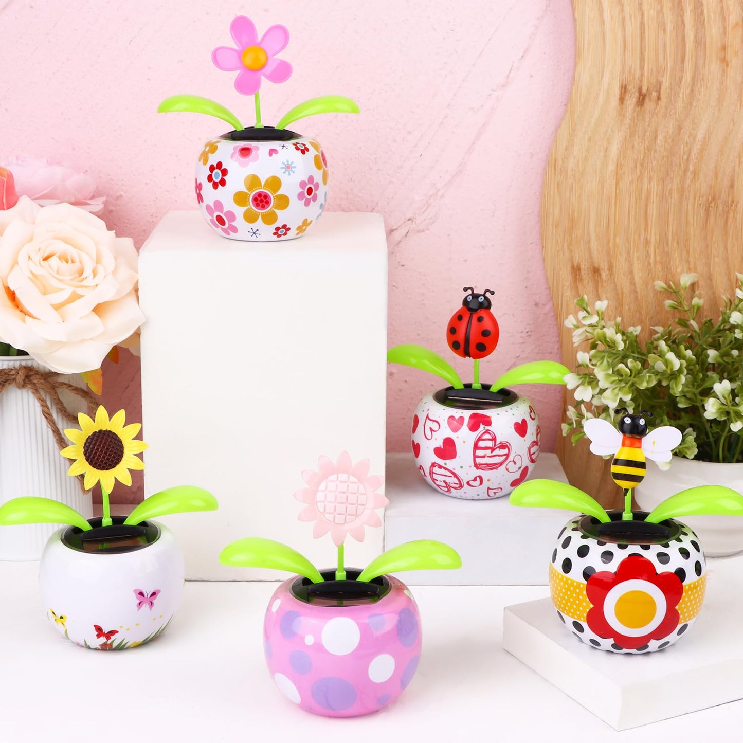 6 Solar Dancing Bee Toy Solar Powered Dancing Sun Flower In Colorful Pots Swinging Ladybug Shape Flip Flap Animated Bobblehead Dancer Window Sunflower Sun Catcher Car Dashboard Decor