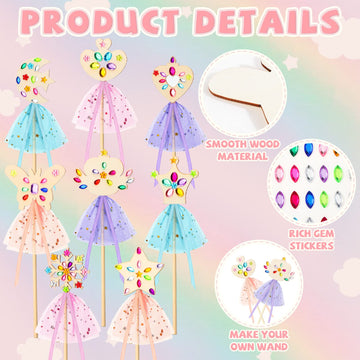 34 Pcs Make Your Own Princess Wand Kit 16 Unfinished Star Butterfly Crown Moon Fairy Wood Stick 6 Gem Stickers 4 Satin Ribbons 8