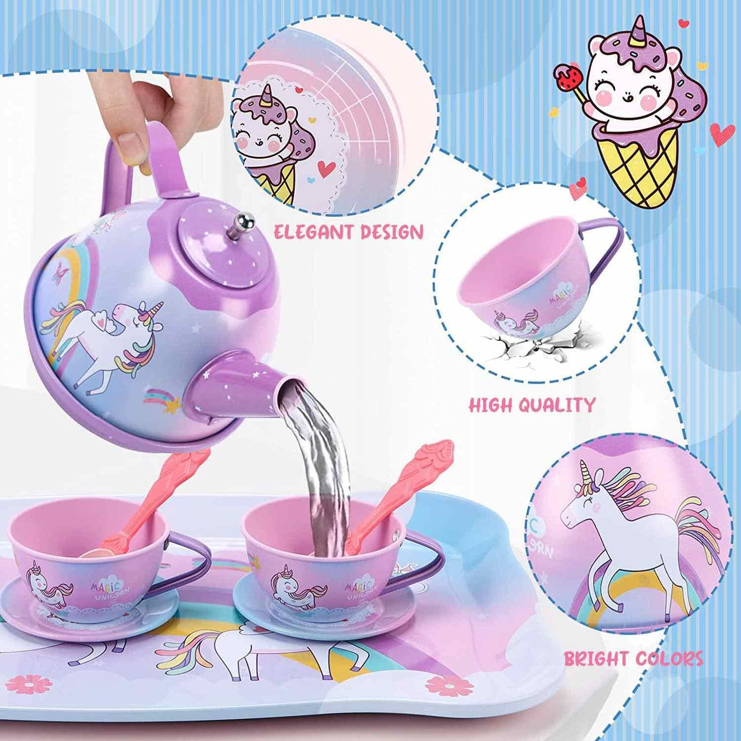 19Pcs Rainbow Unicorn Toys Tea Party Set for Little Girls, Birthday Gift for Age 3 4 5 6 Year Old, Princess Tea Time Set Toys fo