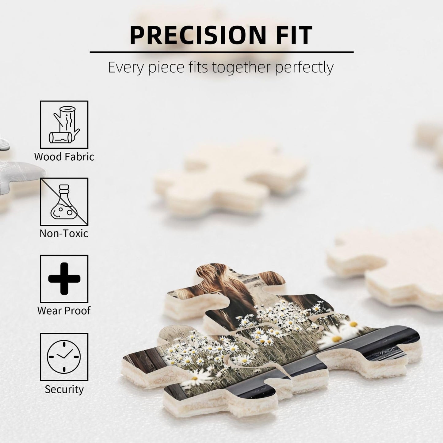TREKTOTS Highland Cow Jigsaw Puzzle, 500 Pieces, Wooden, White, Rustic Farm Scene, Relaxing Nature Art, Perfect Gift for Adults