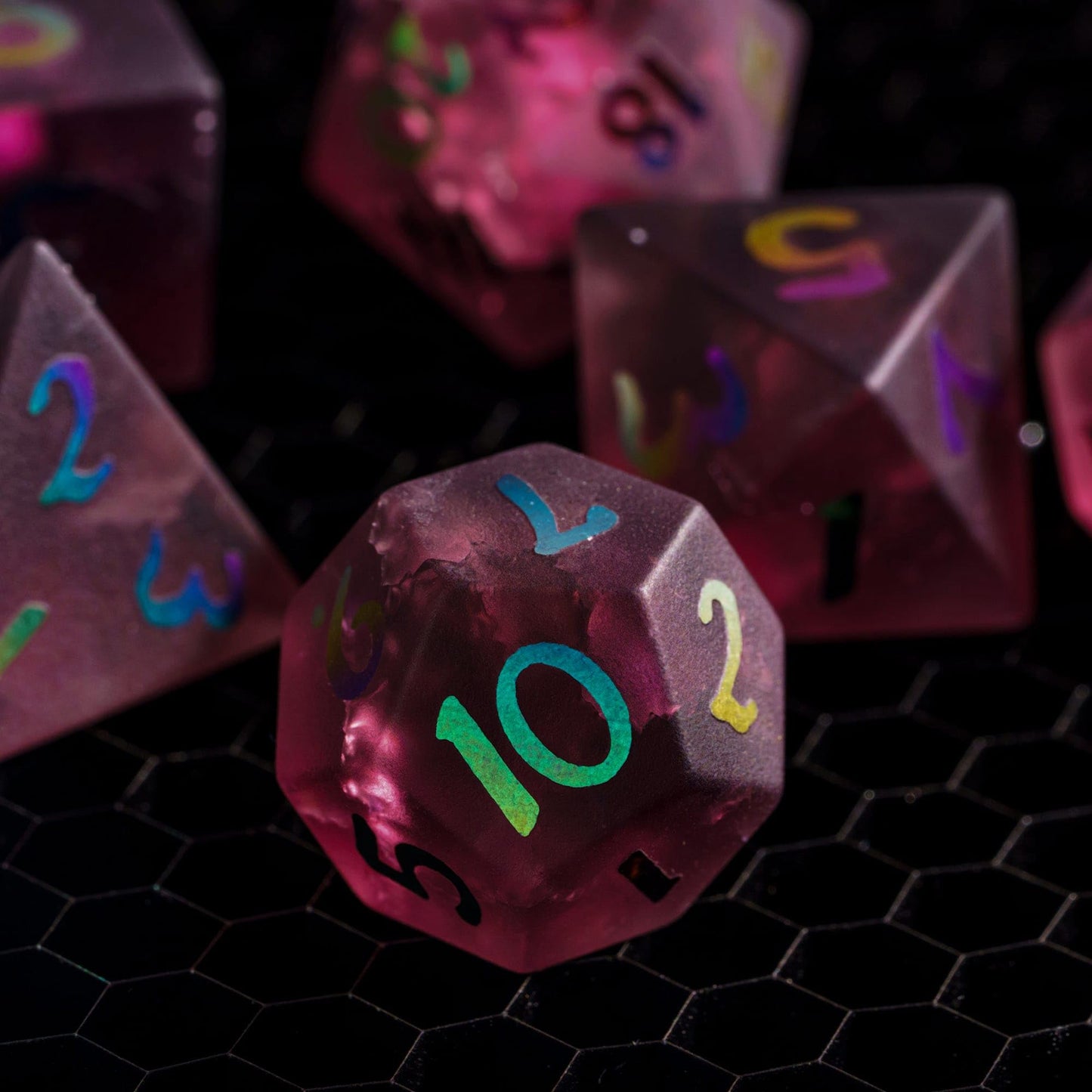 UDIXI Pink Cracked Glass DND Dice Set, 7PCS Glass Polyhedral Dice Set with Colorful Number for Dungeons and Dragon D&D Tabletop