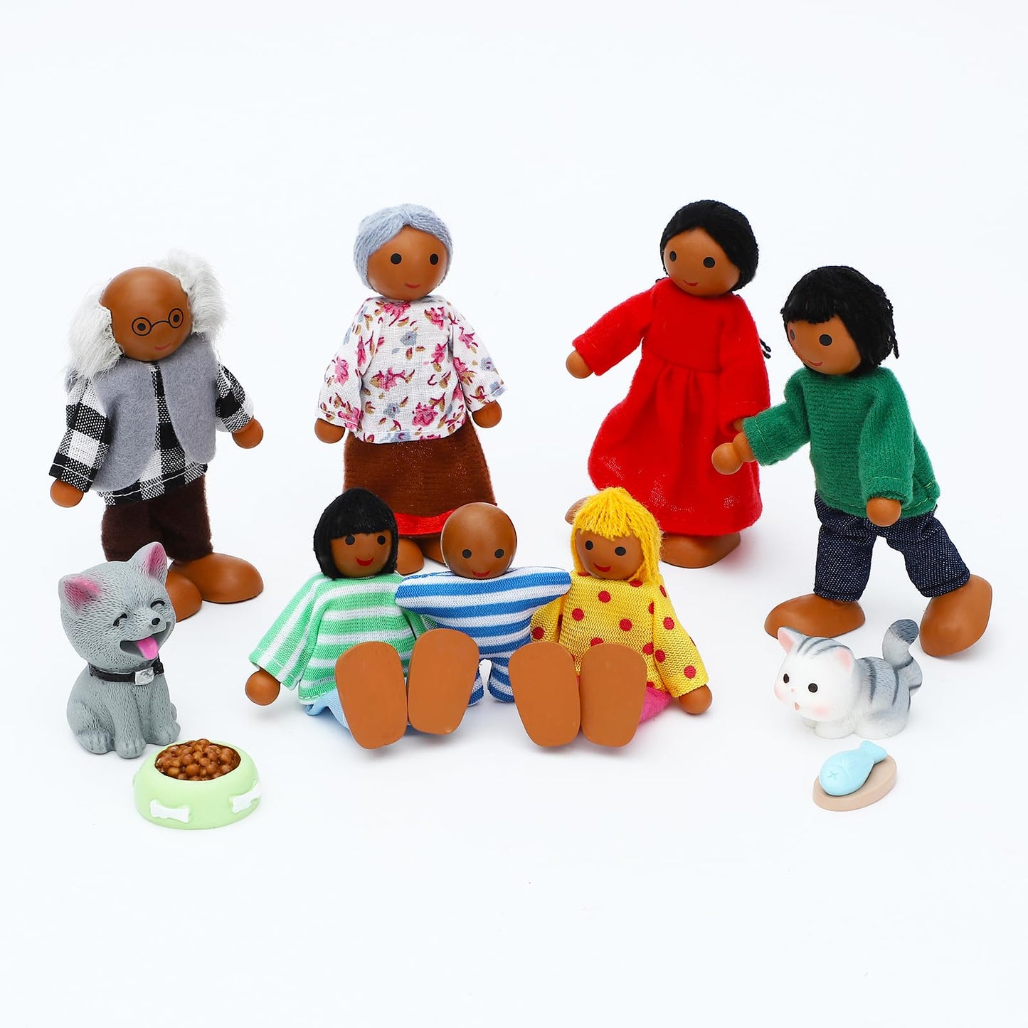 ONEST 20 Pieces Wooden Dollhouse Family Set Mini People Figures Dog Cat Sets Dollhouse Dolls Wooden Doll Family Pretend Play Fig