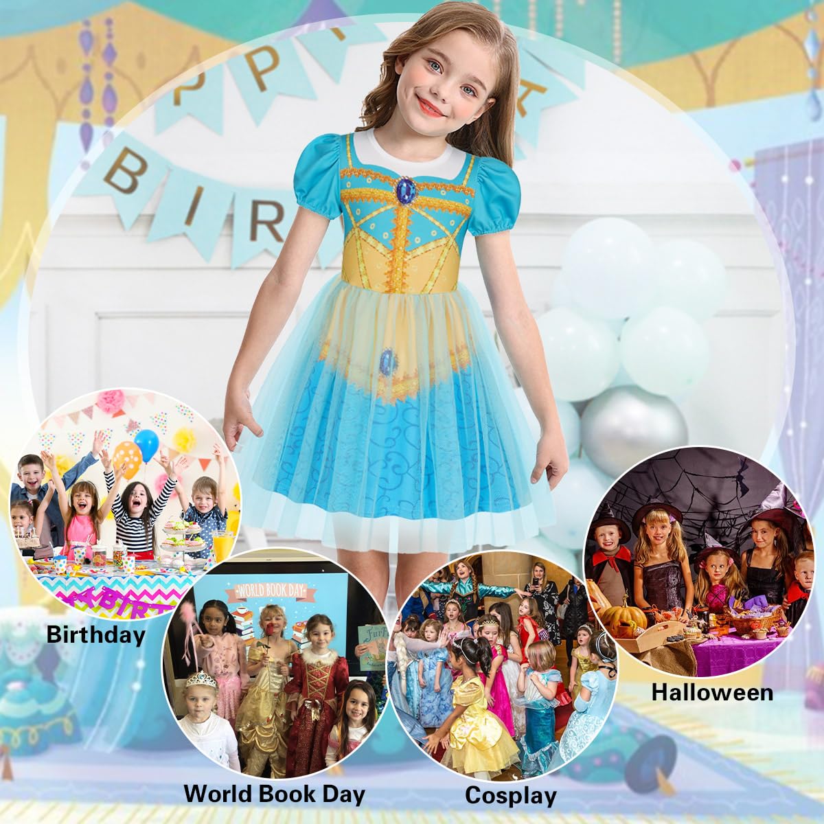 Benylion Princess Dress for Girls Kids Cosplay Dress up Carnival Halloween Party Outfit Birthday Gift for Girls Puff Sleeve Tull