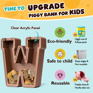 Summidate Wooden Letter Piggy Bank Extra Thick Large Capacity Piggy Bank for Kids Boys Girls Toddler Alphabet W Money Bank| Coin Box Birthday Christmas Festival