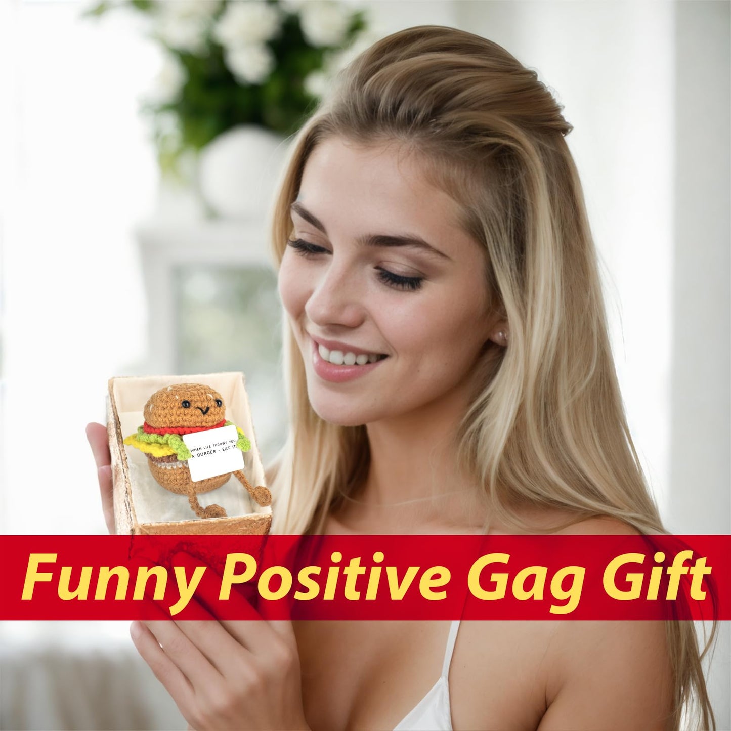 Funny Positive Burger, Emotional Support Hamburger, Cute Crochet Potato Partner Toy with Positive Card Cheer Up Funny Gag Gifts