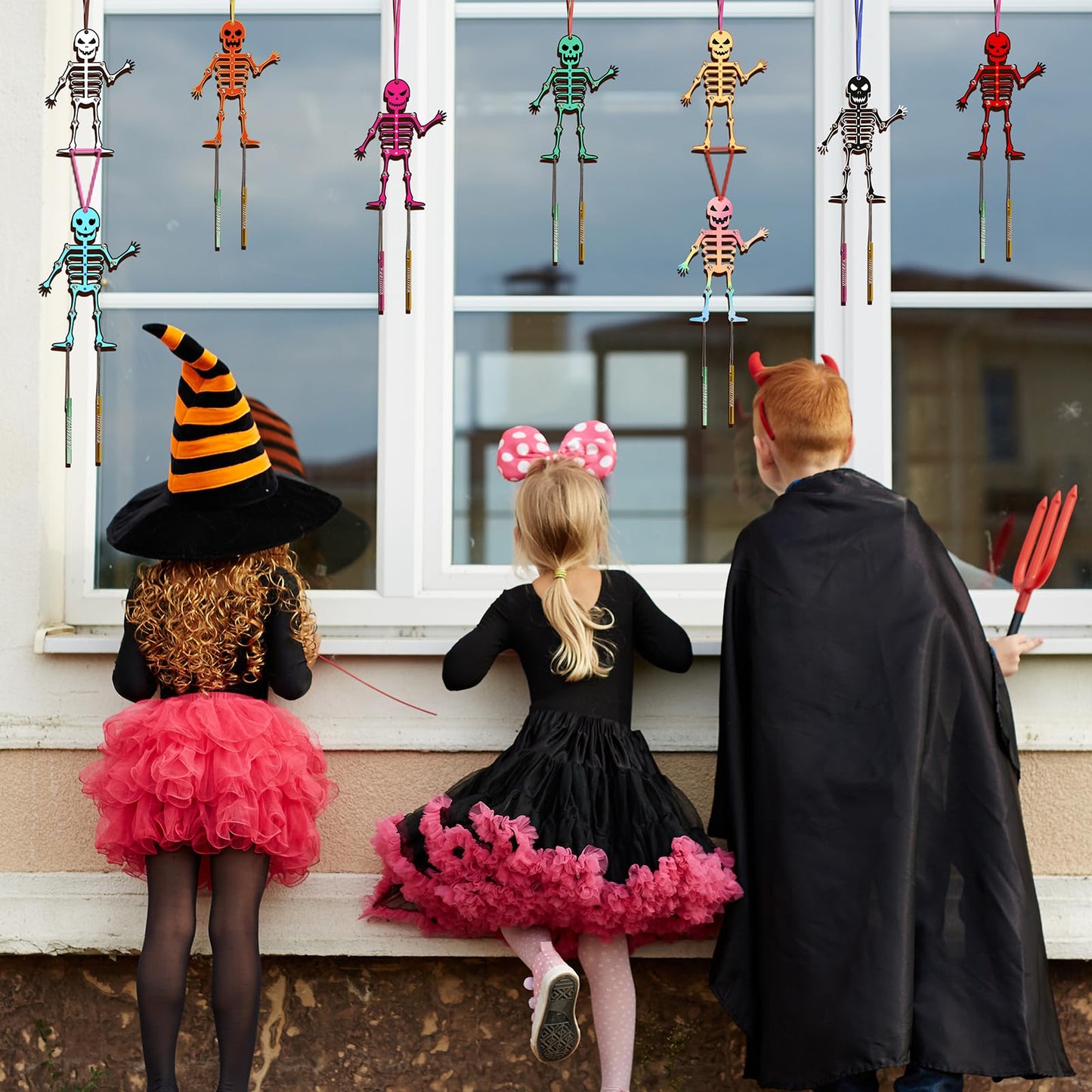 Fennoral 9 Pack Skeleton Wind Chime Kit For Kids Make You Own Skeleton Wind Chime Hanging Ornaments Diy Coloring Wooden Hallowee