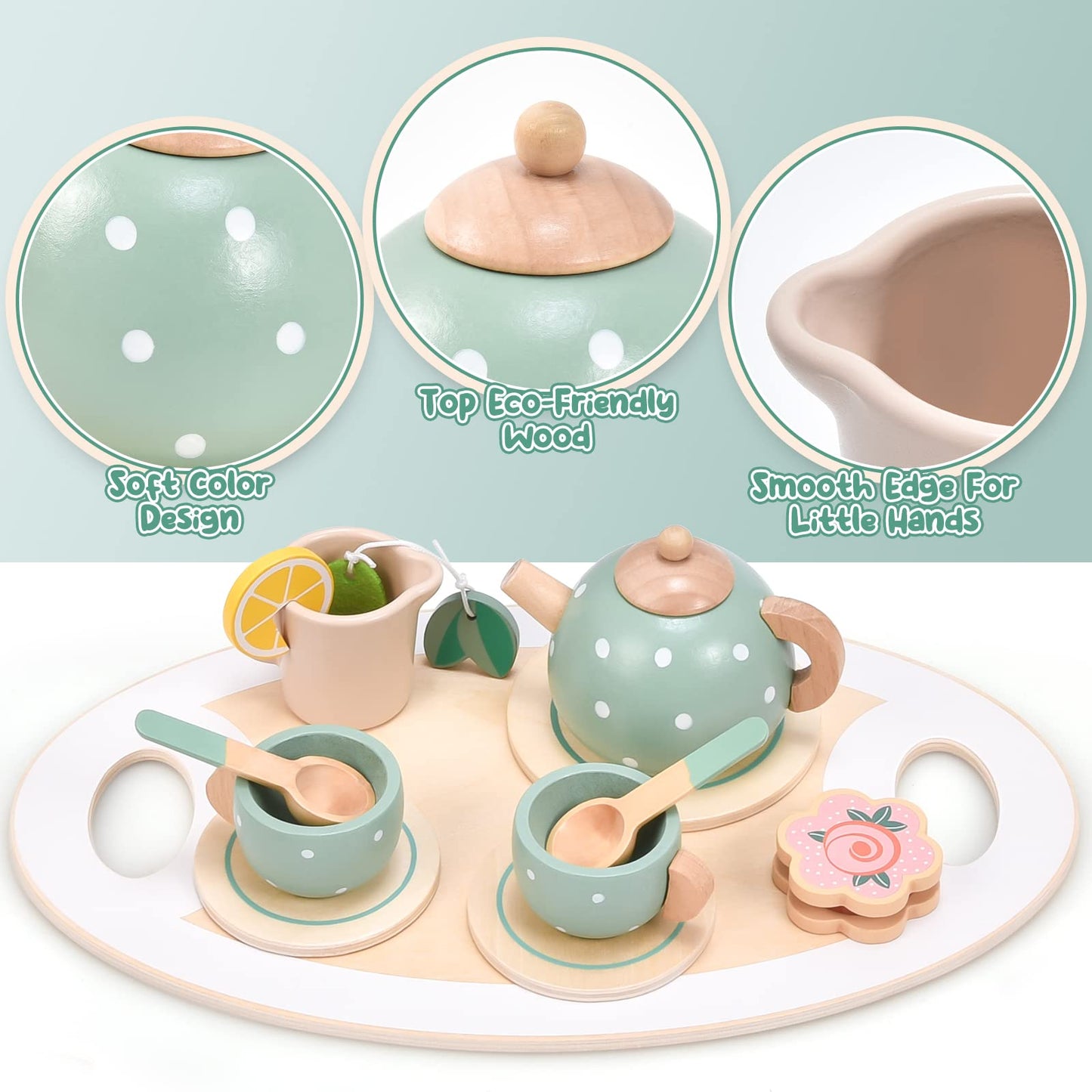 Atoylink Wooden Tea Party Set for Little Girls 28 Pcs Toddler Tea Set with Cupcake Stand & Food Pretend Play Accessories Kids Ki