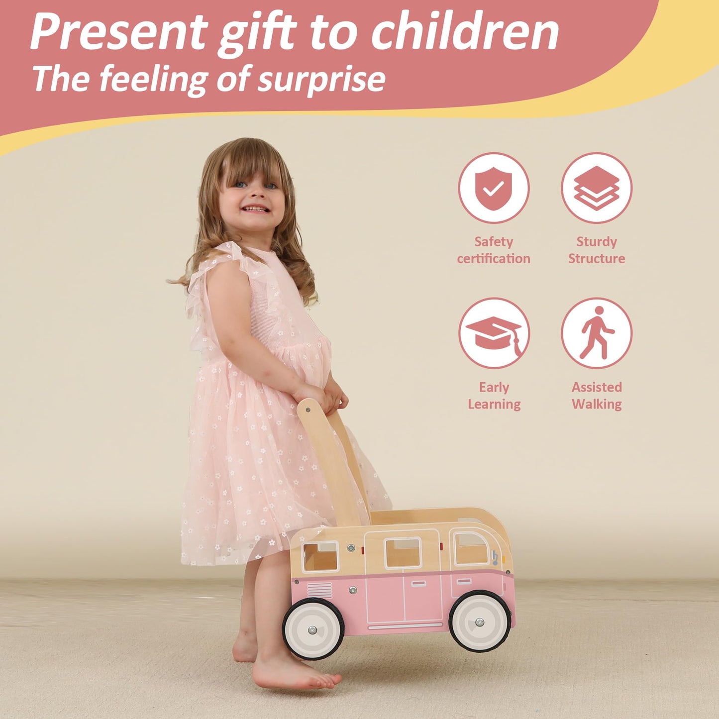 Wooden Baby Walker,Push Walker Bus For Boys And Girls, Stand & Learn Push Walker For Toddlers 1-3 Years Old Pink