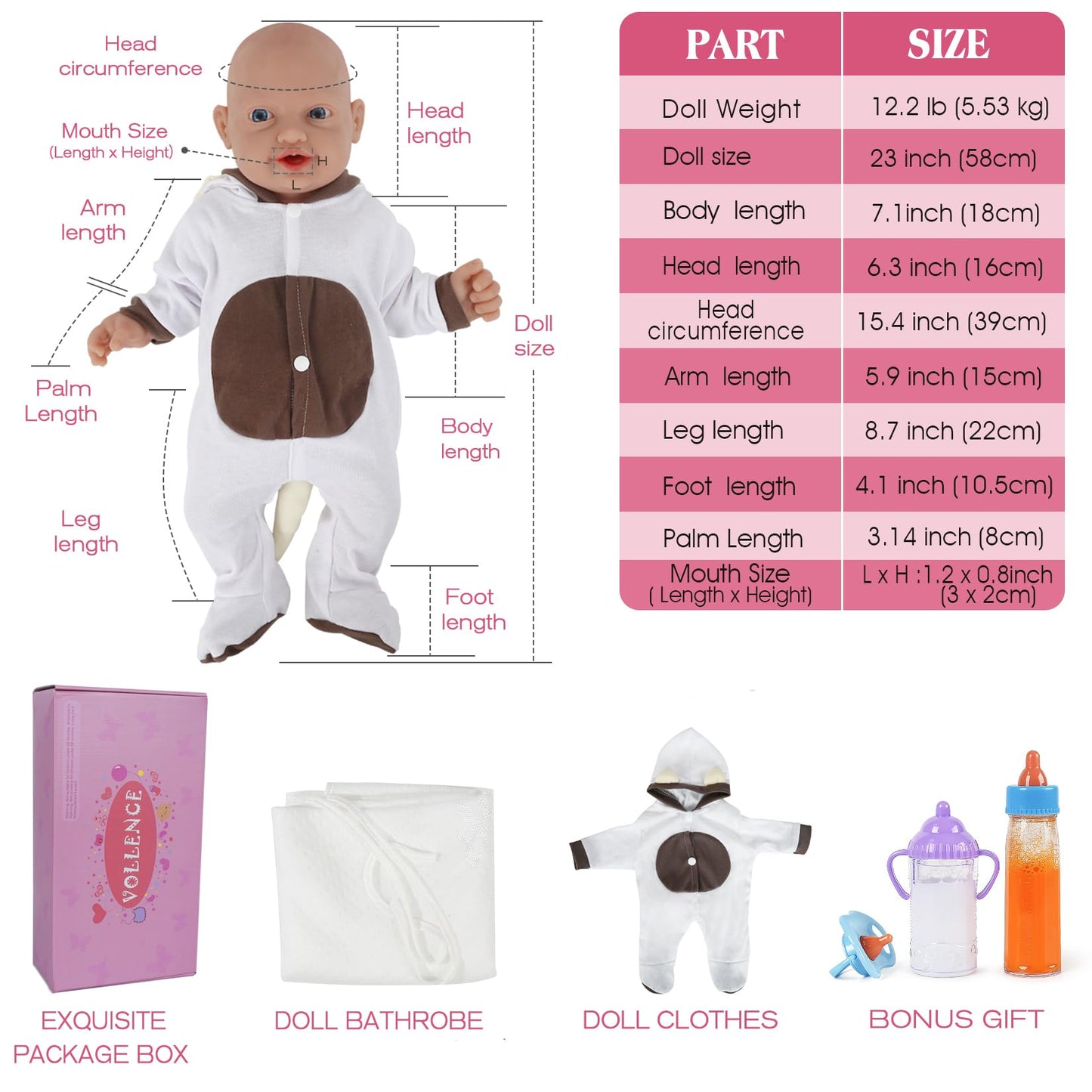 Vollence 23 Inch Full Body Silicone Baby Dolls That Look Real,Not Vinyl Dolls,Real Platinum Doll Bald,Soft Lifelike Newborn - Girl