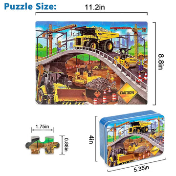 Lelemon Puzzles For Kids Ages 4-8,Construction Site 100 Piece Puzzles For Kids,Educational Kids Puzzles Jigsaw Puzzles In A Metal Box,Children 100 Piece Puzzle Games Puzzle Toys For Girls And Boys