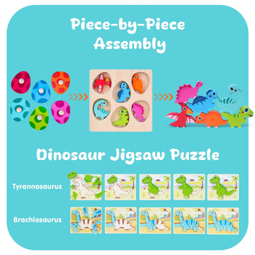 Auntyfey Dinosaur Wooden Toddler Puzzle 1-3 With Dinosaur Eggs Peg Puzzles, Montessori Toys For 1 2 Year Old Boy Girl, Kid Woode