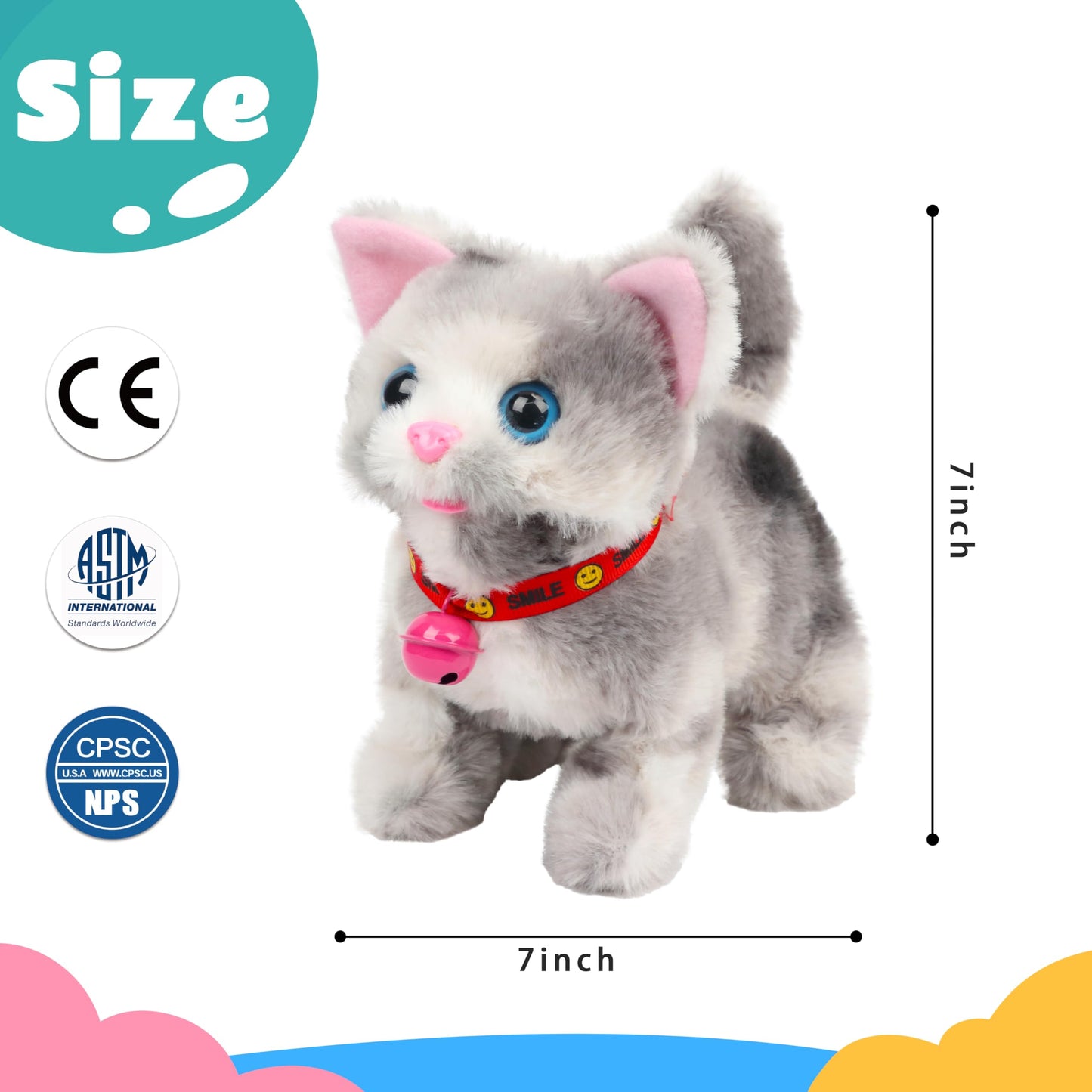 Cuteoy Walking Grey Cat Stuffed Animal Talking Wagging Nodding Educational Plush Kitty Toy Electric Interactive Animated Plushie