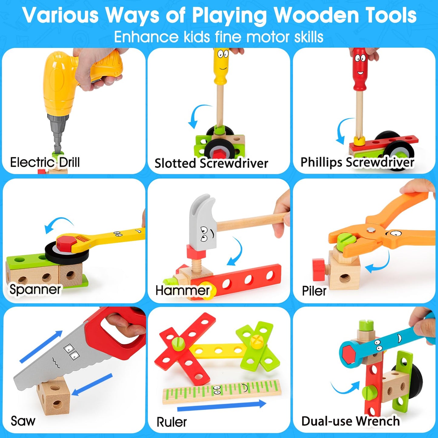 Kids Tool Set Toys for 3, 4, 5, 6, 7 Year Old Boys, Wooden Toddler Tools Set with Electric Drill & Tool Box, Montessori STEM Edu