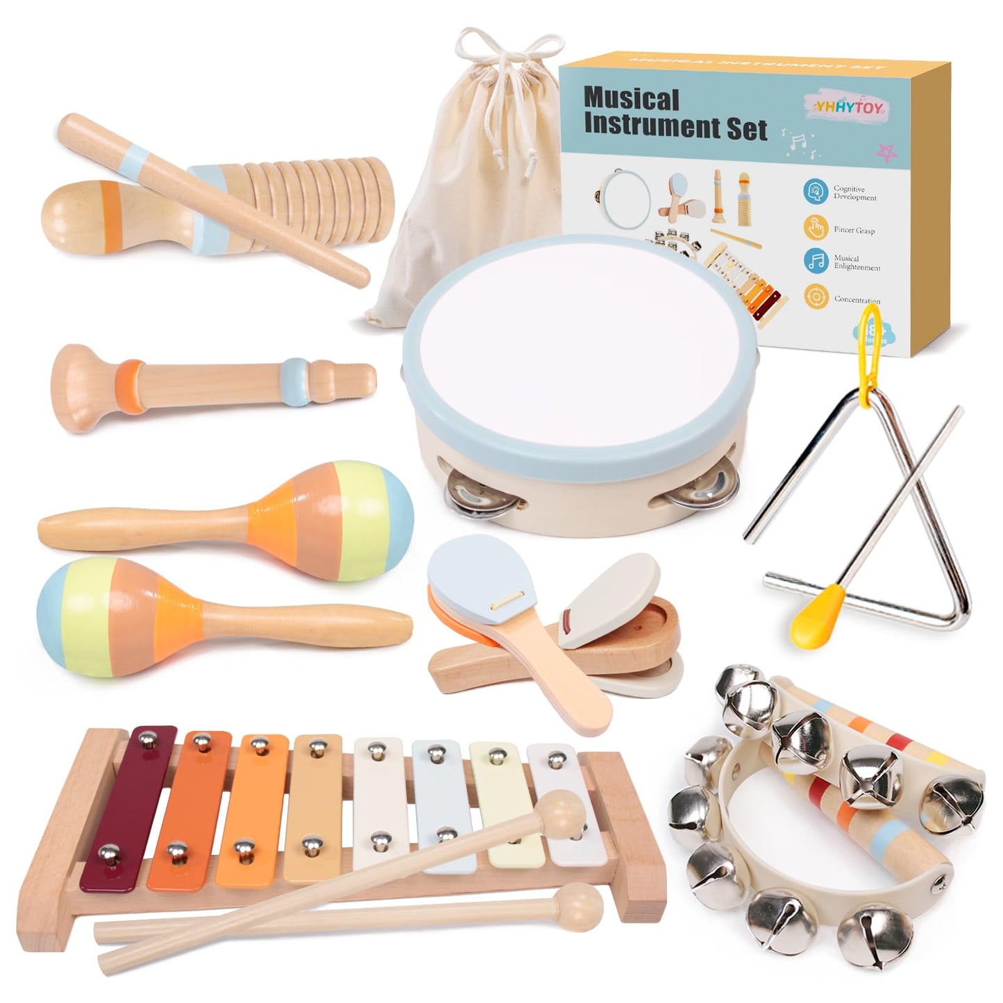 Toddler Musical Instruments Set - Montessori Toys Wooden Percussion Baby Drum Xylophone Maracas Set, Sensory Toys For 18 Month O