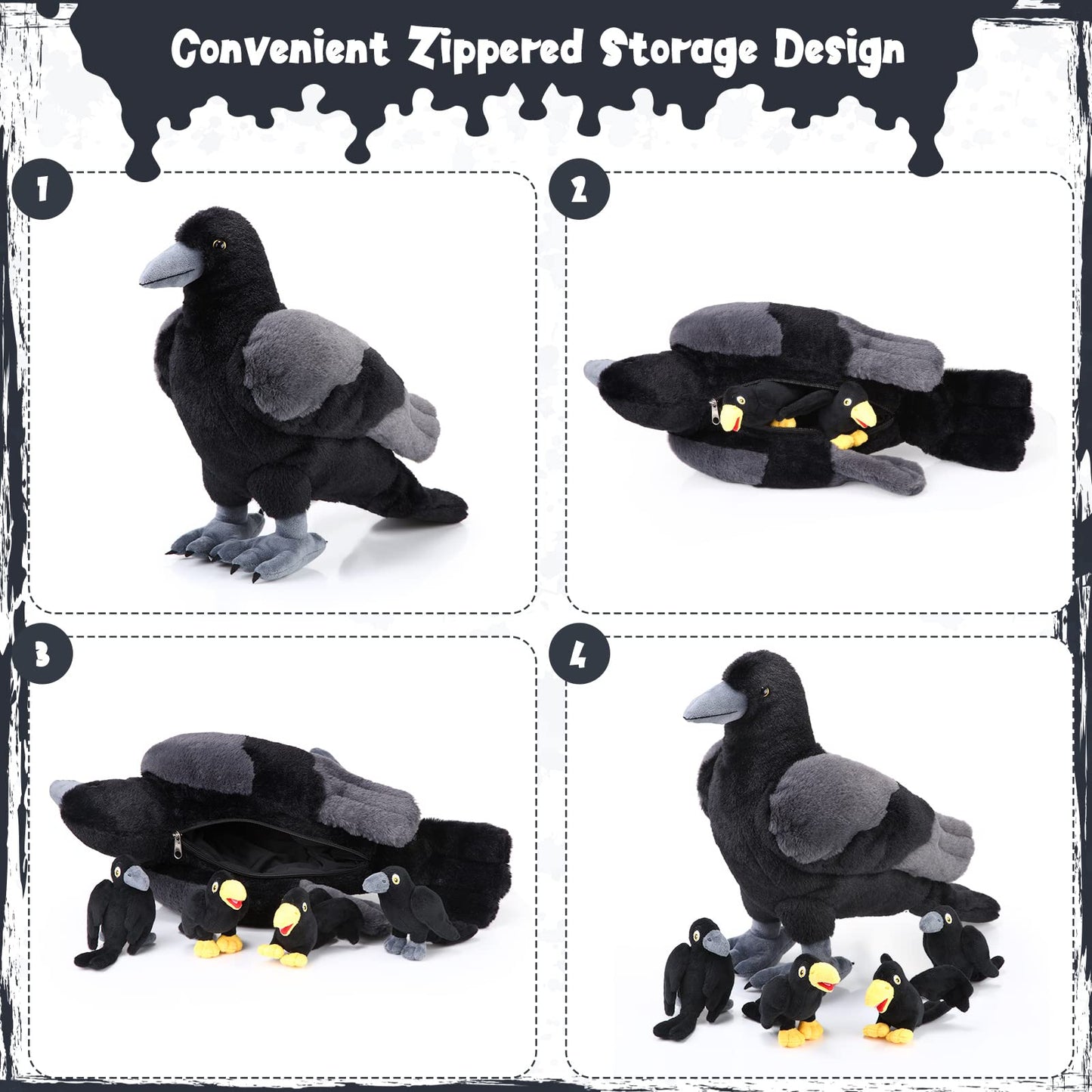 Hydren 5 Pc Black Crow Plush Toy Set Realistic Crow Stuffed Animal Soft Large Black Bird Crow Plush And 4 Small Black Crows For
