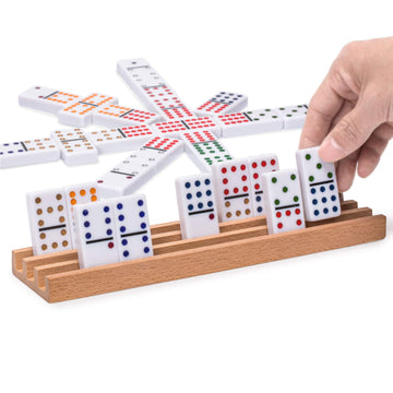 Yellow Mountain Imports Double 12 Dominoes Game Set with 91 Tiles, Wooden Case & Racks, Multi-colored Pips/Dots