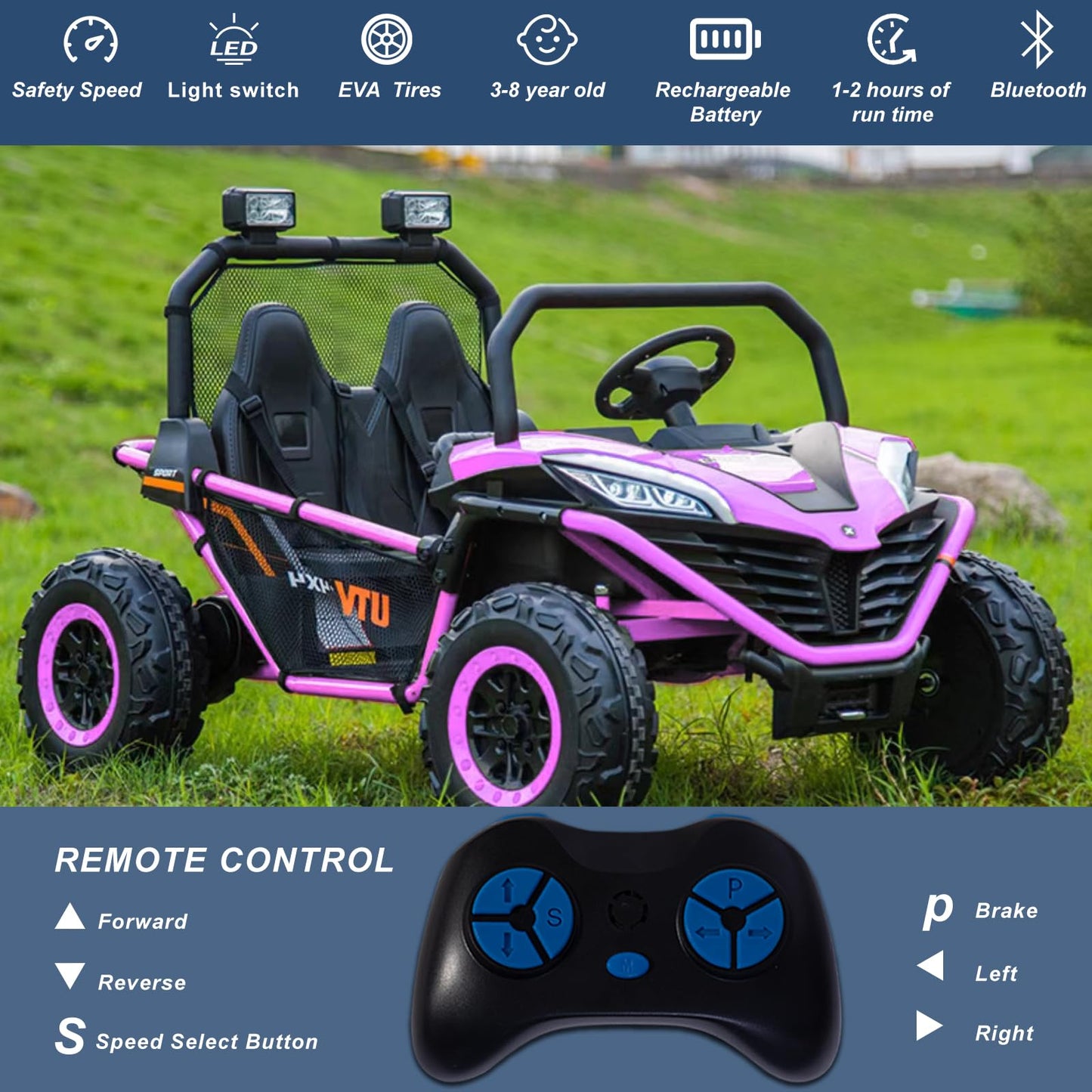 Alinux 24 Volt 10Ah Ride On Car Utv 2 Seater, Kids Electric Car, Metal Frame, Brake&Gas Pedal, Eva Tires, Bluetooth,Purple Pink