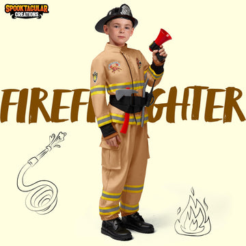 Spooktacular Creations Halloween Firefighter Costume For Kids, Boys Fireman Costume Set, Brown Firefighter Roleplay Accessories For Toddler Dress-Up And Career Cosplay Party (3T, 3-4 Yrs)