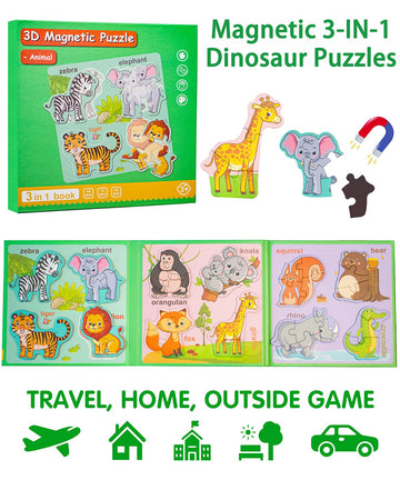 Magnetic Puzzles For Toddlers 1-3, Travel Puzzles For Kids Ages 3-5, Animal Activities Toy Wooden Jigsaw Puzzles Book For Boys &