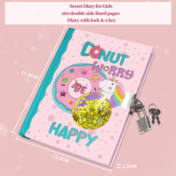 Ginmlyda Girls Diary With Lock For Kids, Pink Doughnut Diaries 7.1X5.3” 160 Page Cute Secret Notebook For Girls Journal With Lock & Key For Little Kids Writing Drawing Girls Gift Age 5-10 Years Old