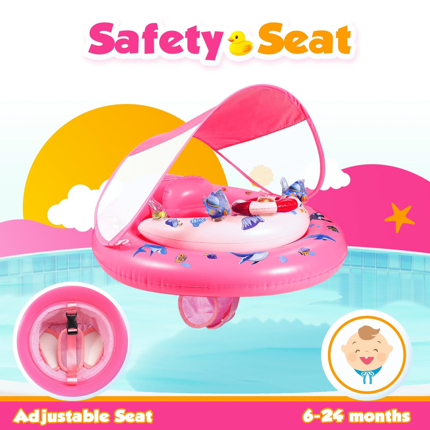 Baby Pool Float With Canopy, Infant Pool Float For 6-24 Months, Baby Swimming Float, Toddler Pool Float With Upf50+ Sun Protecti