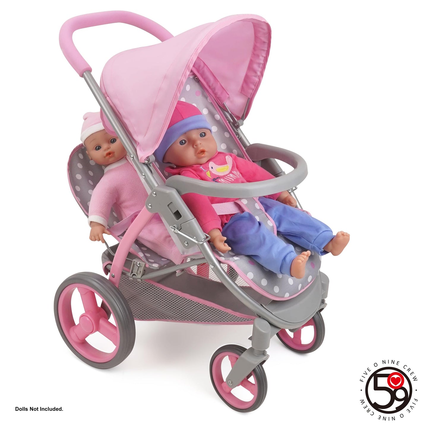 509 Crew: Cotton Candy Pink: Twin Tandem Doll Stroller - Pink, Grey, Polka Dot - Dolls Up To 18', Holds 2 Dolls, Foldable, Kids Pretend Play, Ages 3+
