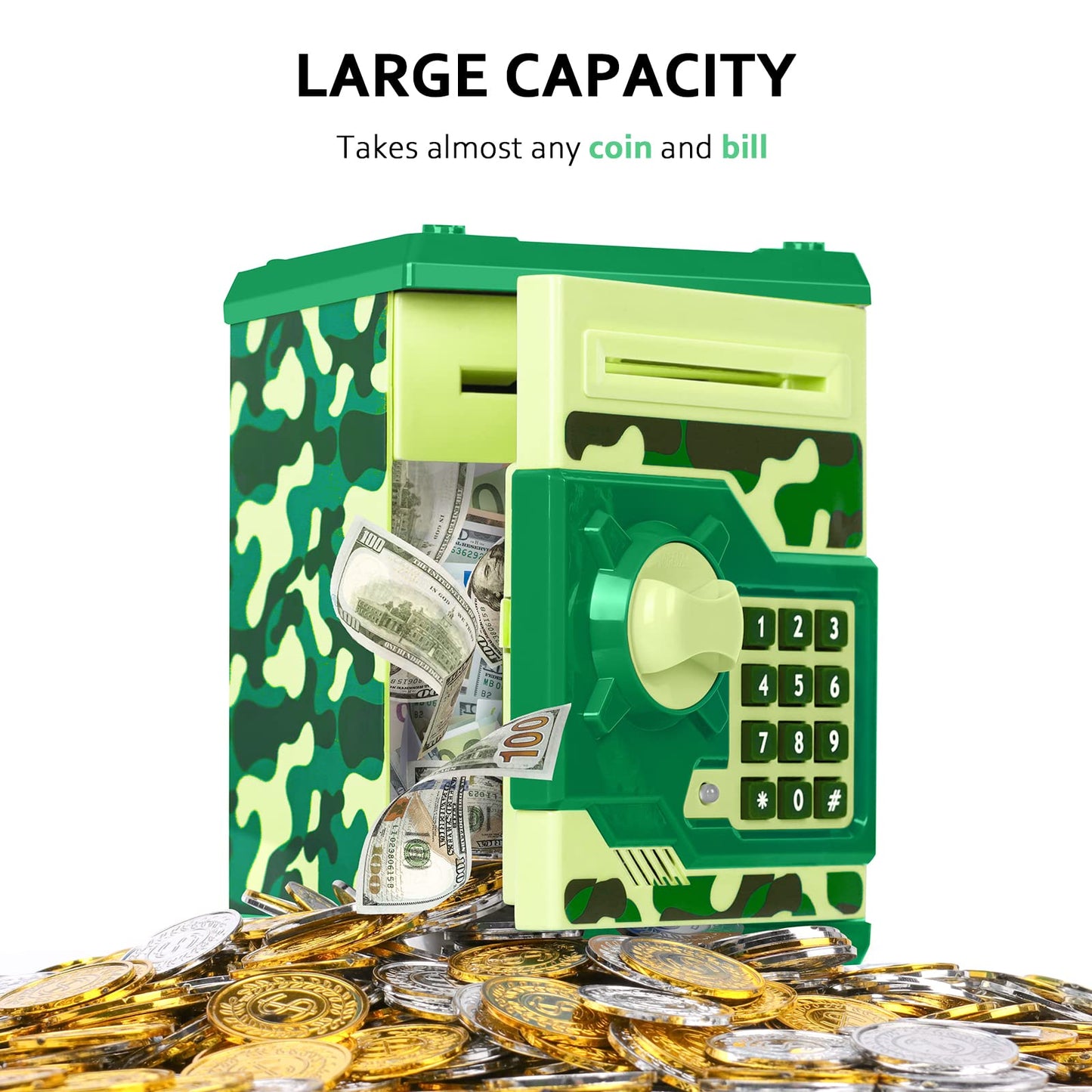 Atm Piggy Bank For Boys Girls, Vcertcpl Mini Atm Coin Bank Money Saving Box With Password, Kids Safe Money Jar For Adults With Auto Grab Bill Slot, Great Gift Toy Bank For Kids(Camouflage Green)