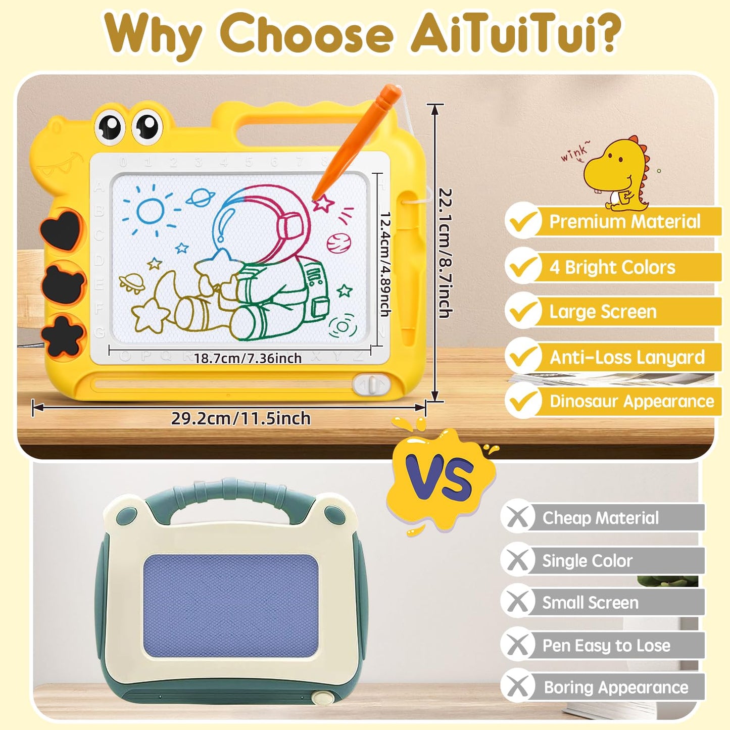Aituitui Magnetic Drawing Board Toddler Toys Gift For 2 3 Year Old Girls Boys, Sketch Writing Doodle Pad Age 2-4 Travel Games, Educational Learning Kids Toys For Toddlers Birthday (Yellow)