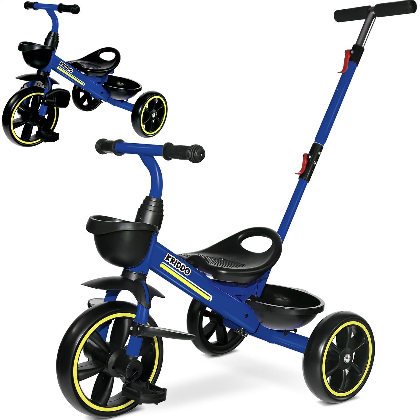KRIDDO 2-in-1 Toddler Tricycle for Ages 18 Months to 5 Years Old - Extended Push Handle for Effortless Push, Gift Trike for Todd