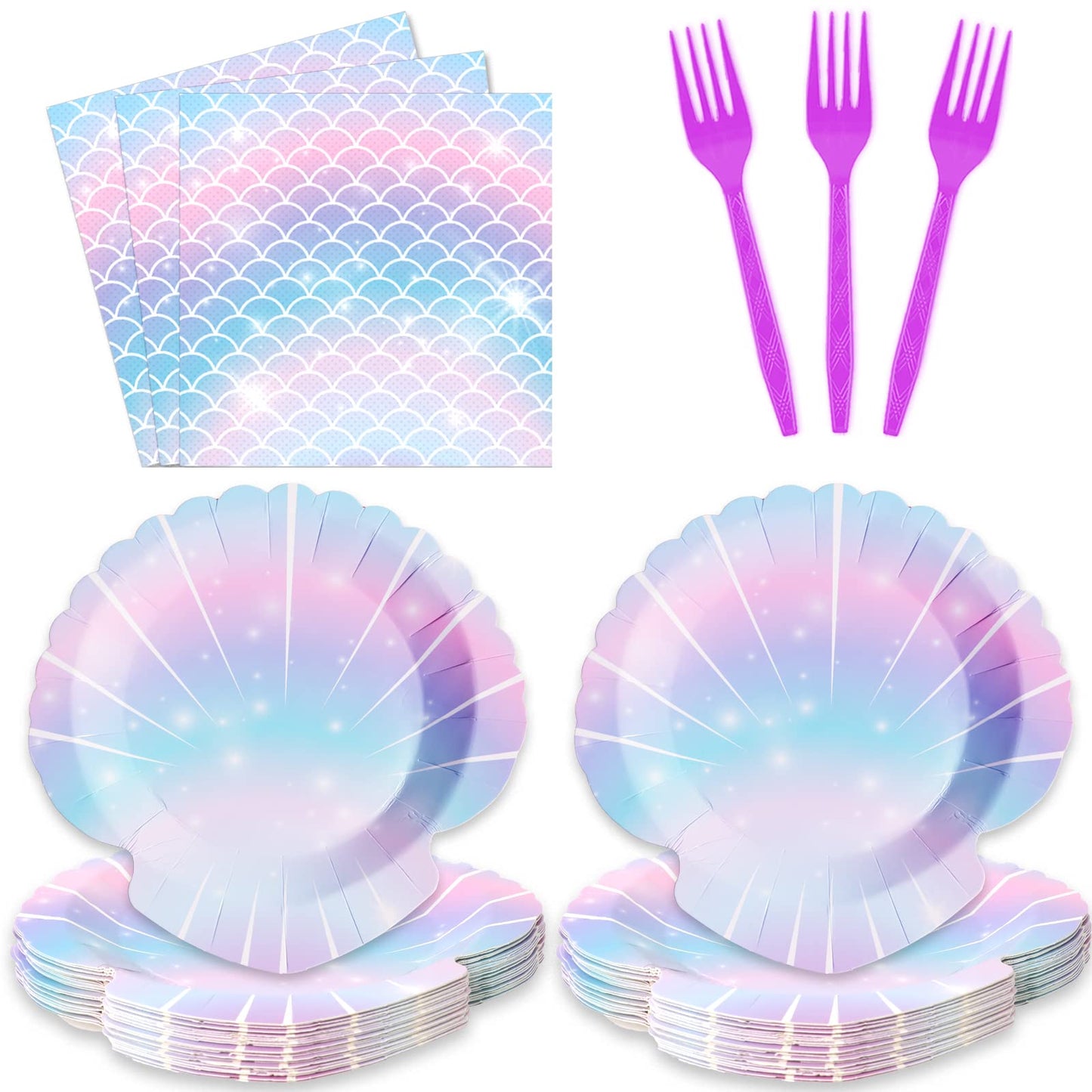 Zoiiwa 96 Pieces Mermaids Themed Party Decorations Mini Under The Sea Party Tableware For Girls Clam Shell Party Dessert Plates Napkins Forks For 24 Guests Birthday Party Favors