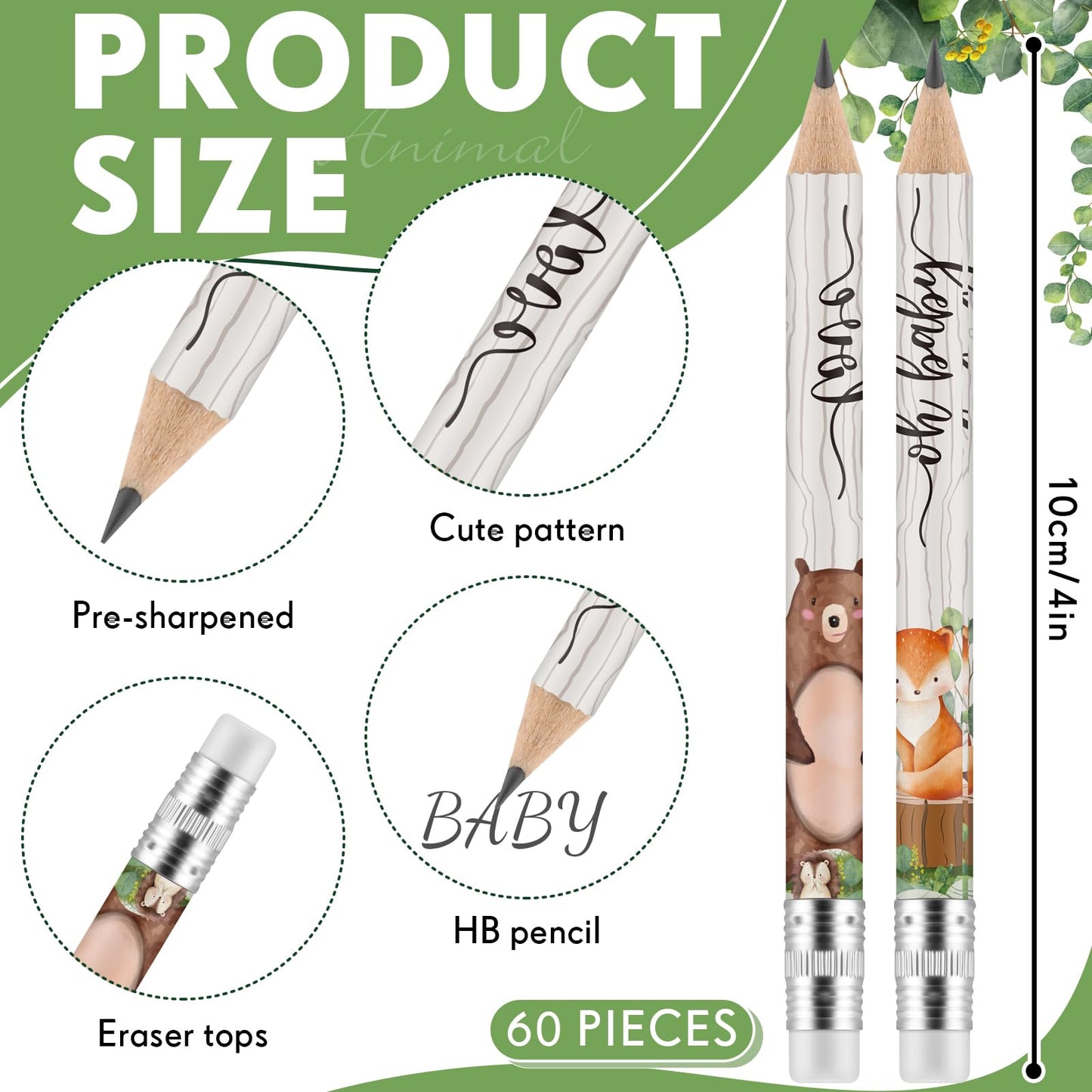 Tinlade 60 Pcs Wooden Animal Baby Shower Golf Pencils With Erasers Baby Shower Game Pencils Small Pencils For Kids Sharpened Mini Pencils For School Baby In Bloom Baby Shower Supplies