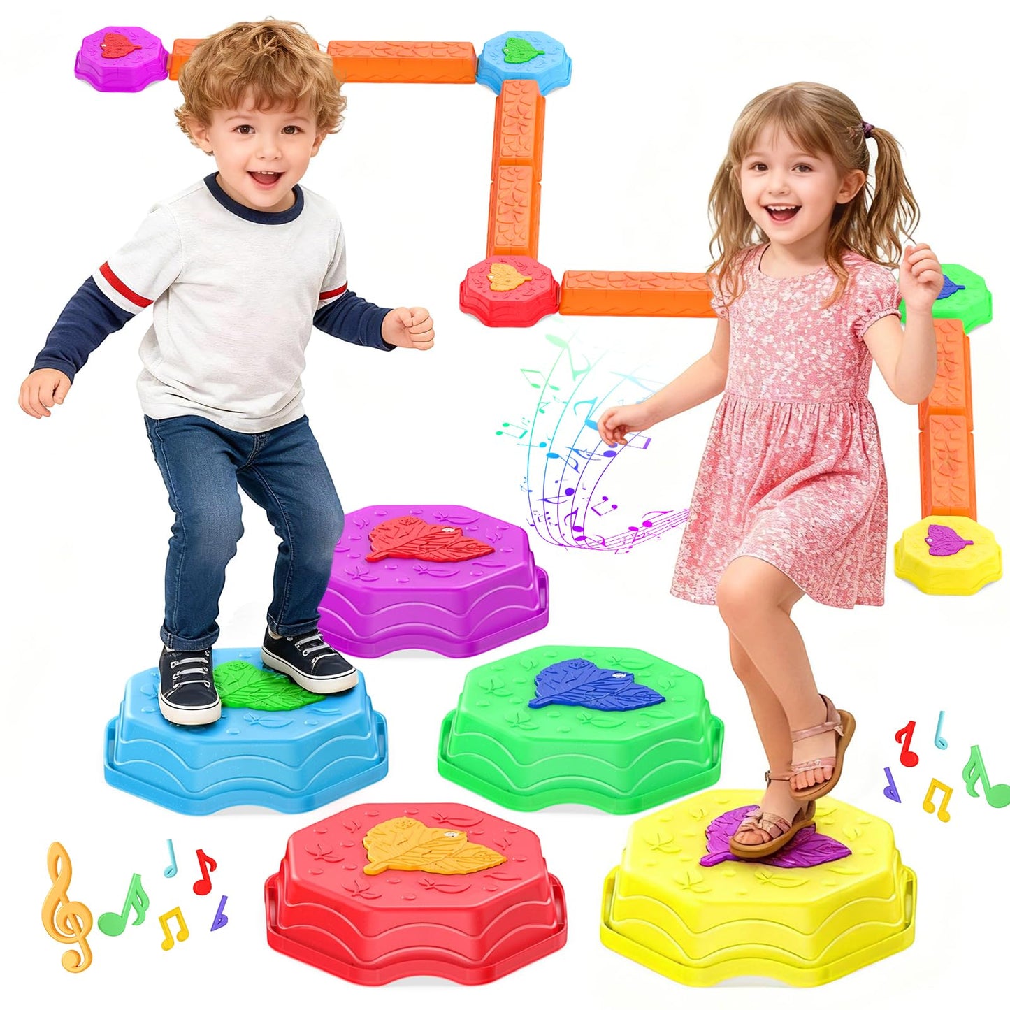 kenvc Stepping Stones for Kids, Light Up Musical Balance Beam and Non-Slip Toddler Balance Stones, Toddler Indoor or Outdoor Pla