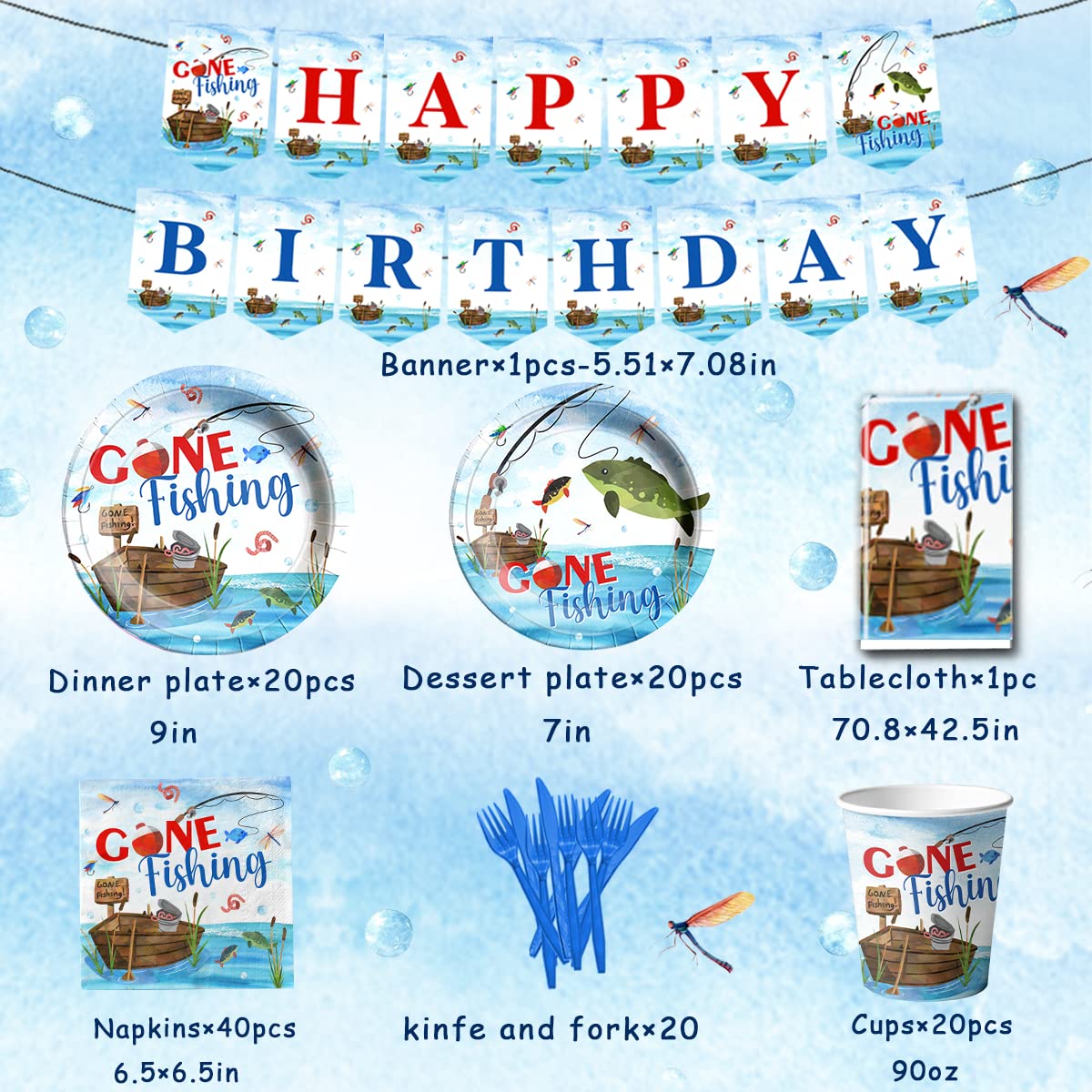 142 Pcs Gone Fishing Tableware,Fishing Birthday Party Decoration Little Fisherman Gone Fishing Themed Disposable Tablecloth,Plat