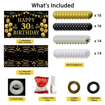 Trgowaul 30th Birthday Decorations - Black Gold Banner, Tablecloth, 60 Latex Confetti Balloons, Perfect Party Supplies for Him & Her