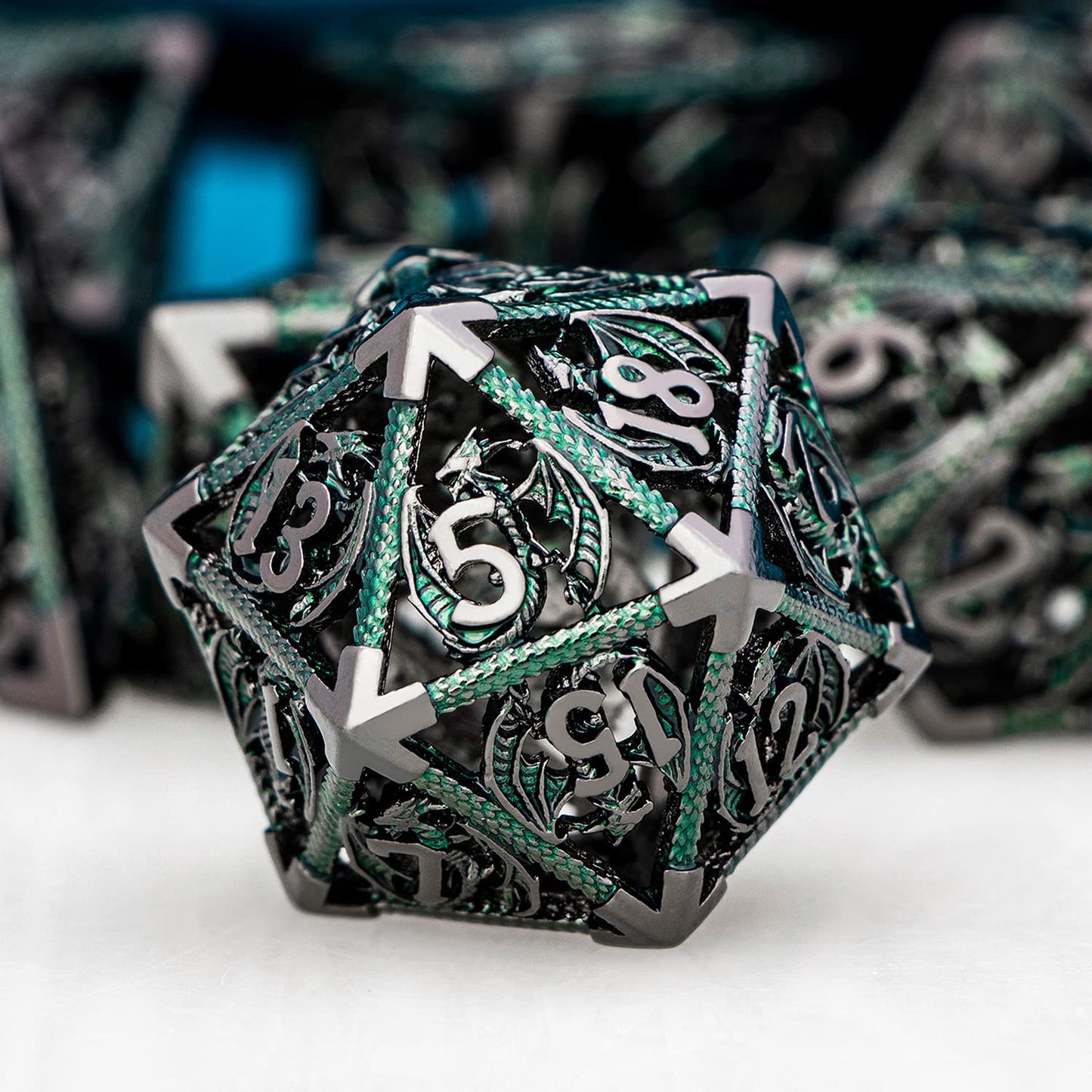 ARUOHHA Hollow DND Metal Dice Set Role Playing Games Dice with Gift Box, 7PCS Black Green D+D Polyhedral Dice Dungeons and Drago