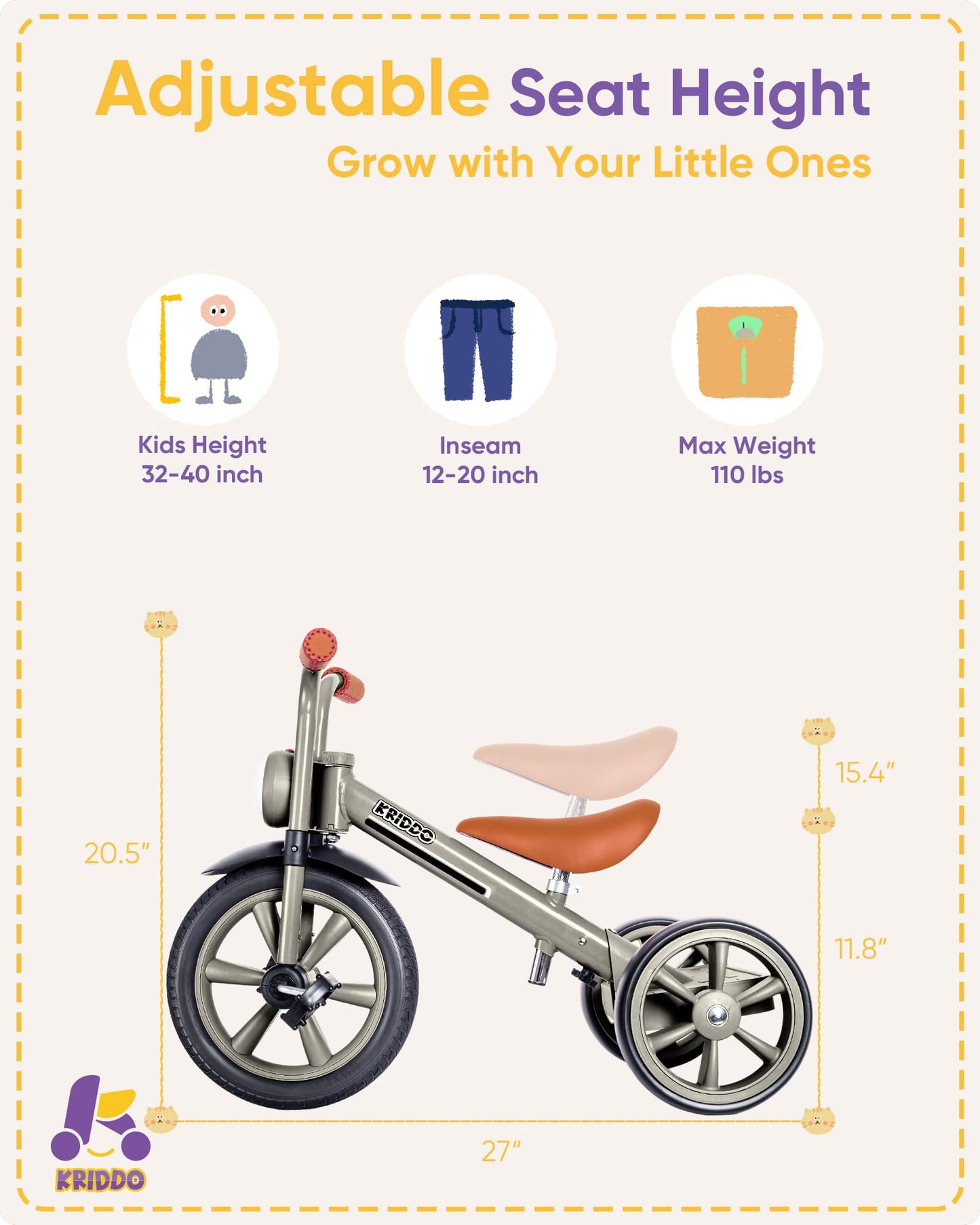 Kriddo Kids Tricycles Age 2 Years To 5 Years, 12 Inch Puncture Free Rubber Wheel W Front Light, Kids Trike For 2.5 To 5 Year Old