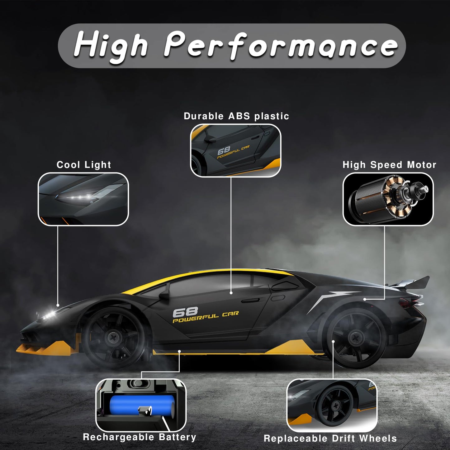 YUAN PLAN RC Drift Car, 1/24 4WD Remote Control Car RC Cars for Kids, 2.4GHz Hobby Racing Car Toys with LED Light Two Rechargeab