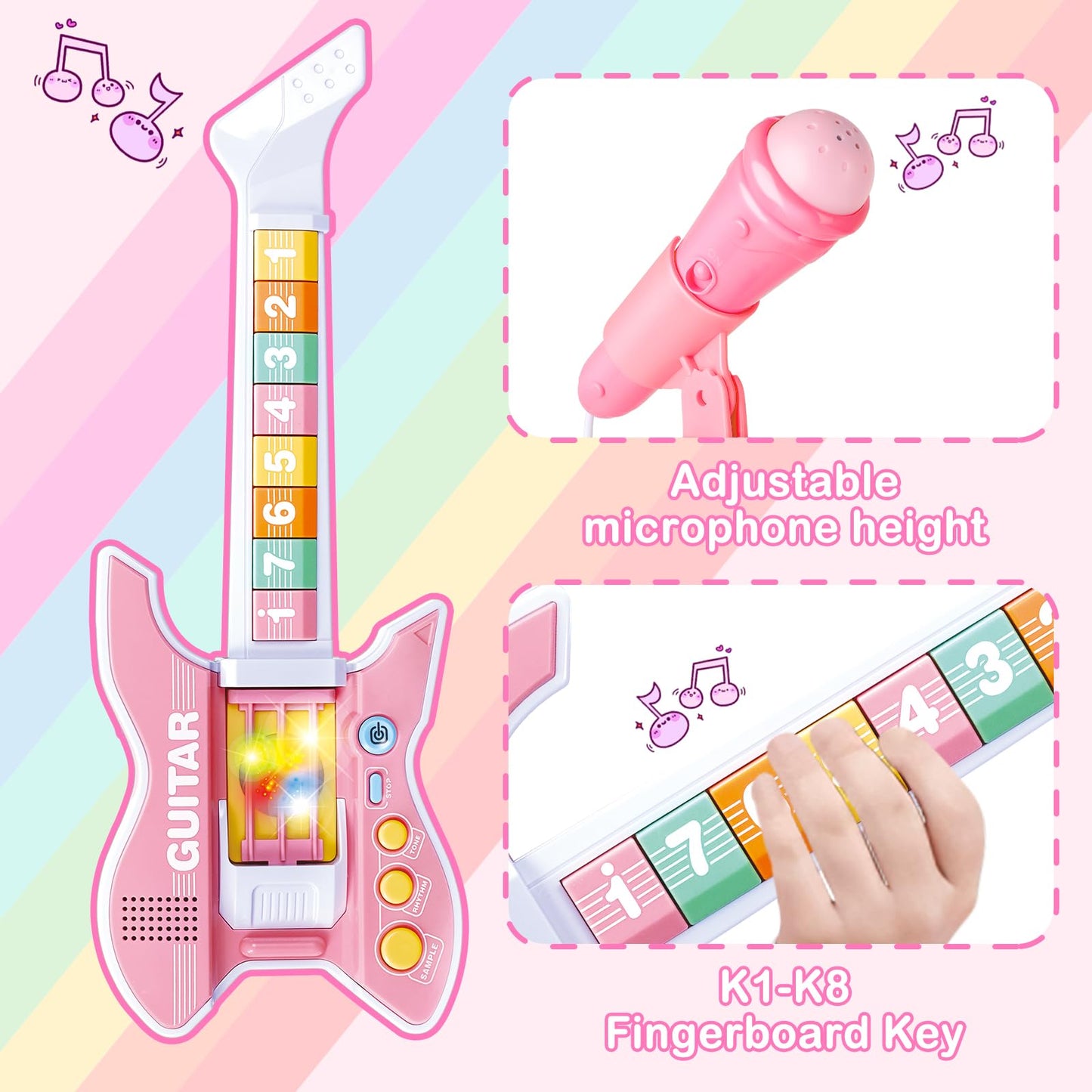 Deao Kids Guitar And Microphone Set With Stand Adjustable Height Music Light Karaoke Music Toys Christmas Birthday Gift For Kids Boys Girls (Pink)