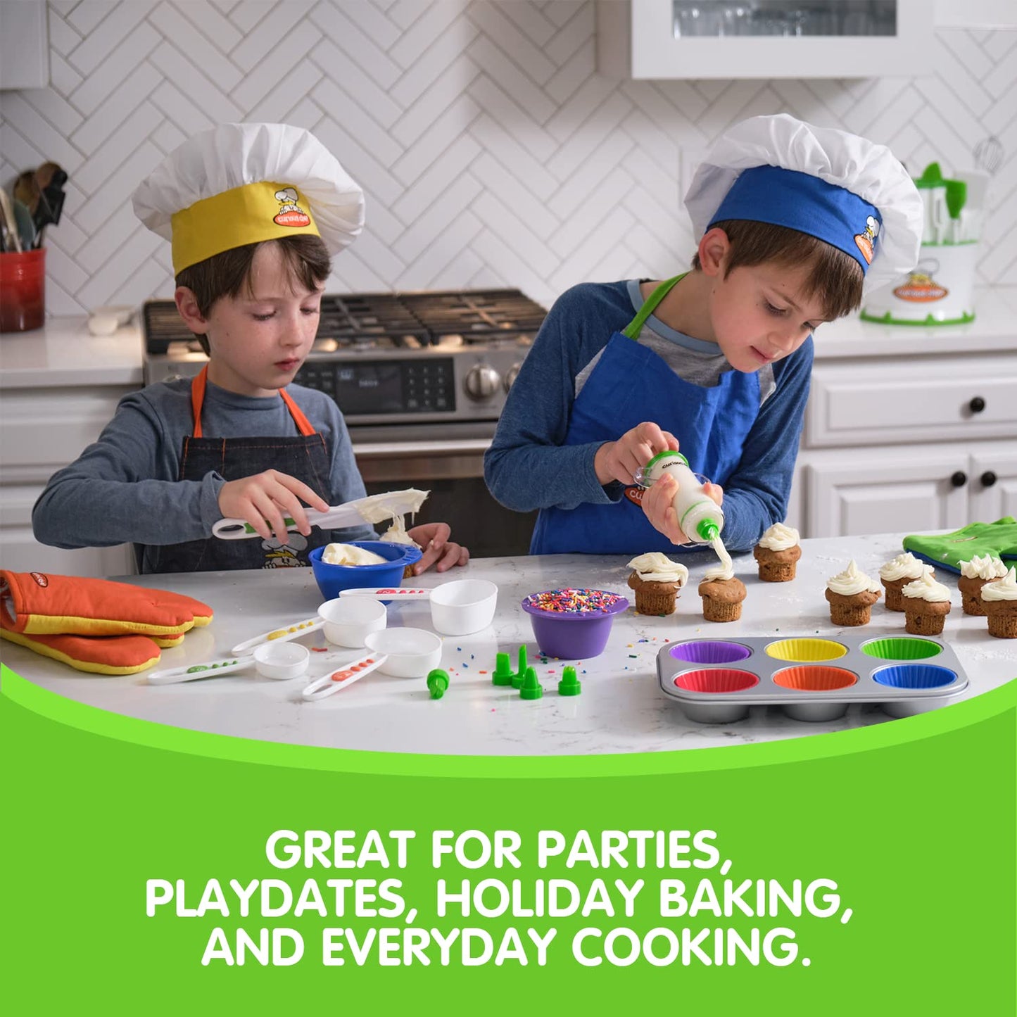 Curious Chef 11-Piece Denim Chef'S Kit For Kids, Includes Real Cooking And Baking Tools - Cotton Apron, Whisk, Spatula, Mixing S