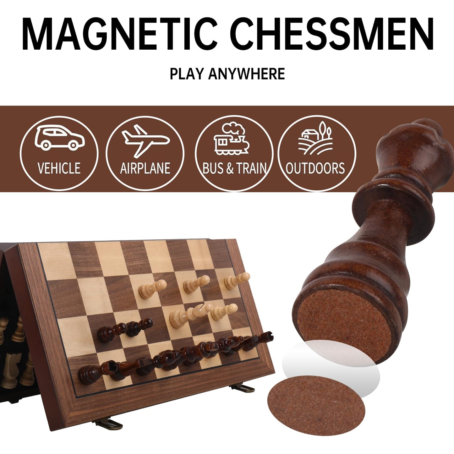 Rinten Magnetic Wooden Chess Set 15'' Folding Chess Board Portable Travel Chess Set Games with Chessboard Bag Beginner Chess Set for Tournament Professional Beginner