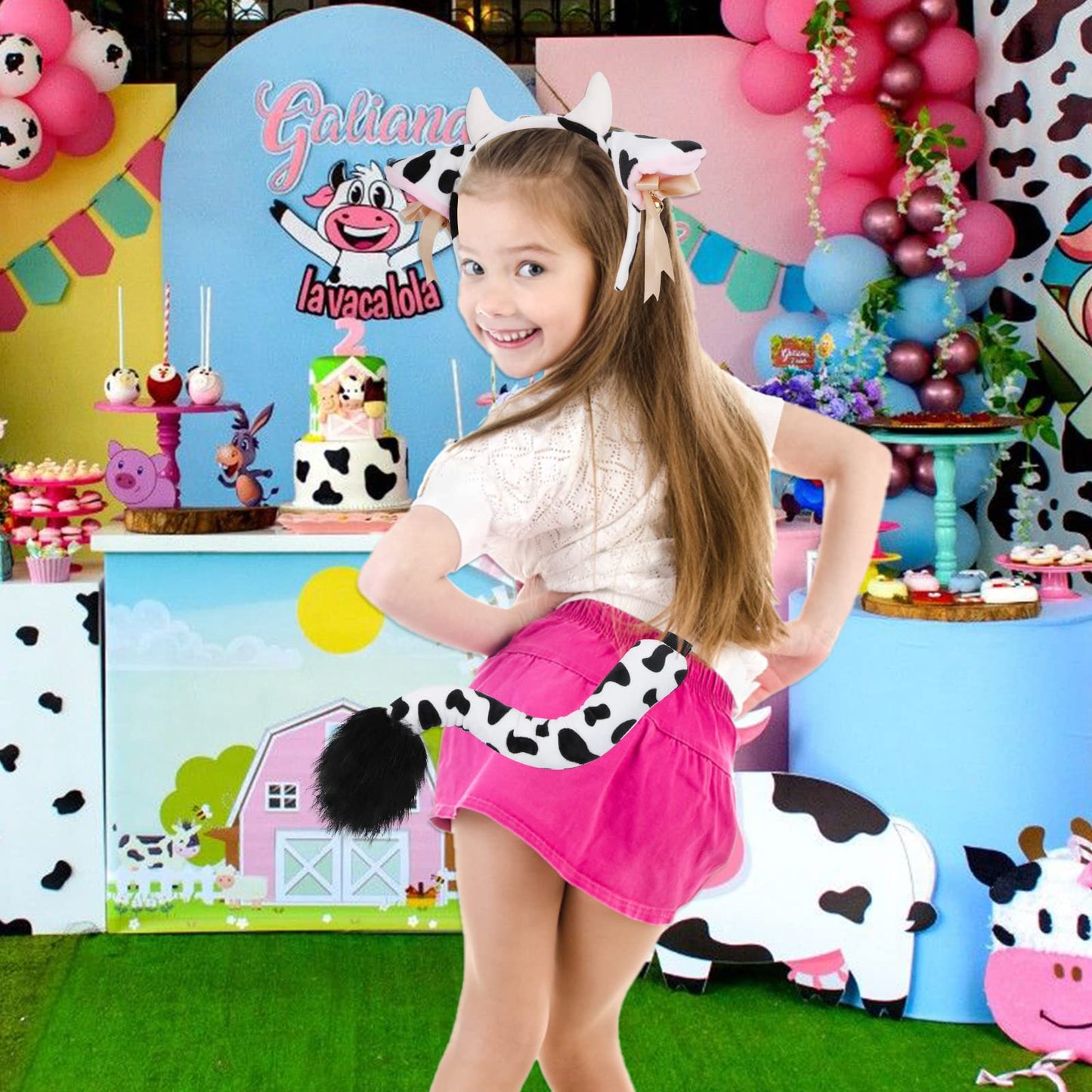 Phogary Cow Costume Accessories, Ears And Horns Headband With Tail For Animal Cosplay And Halloween