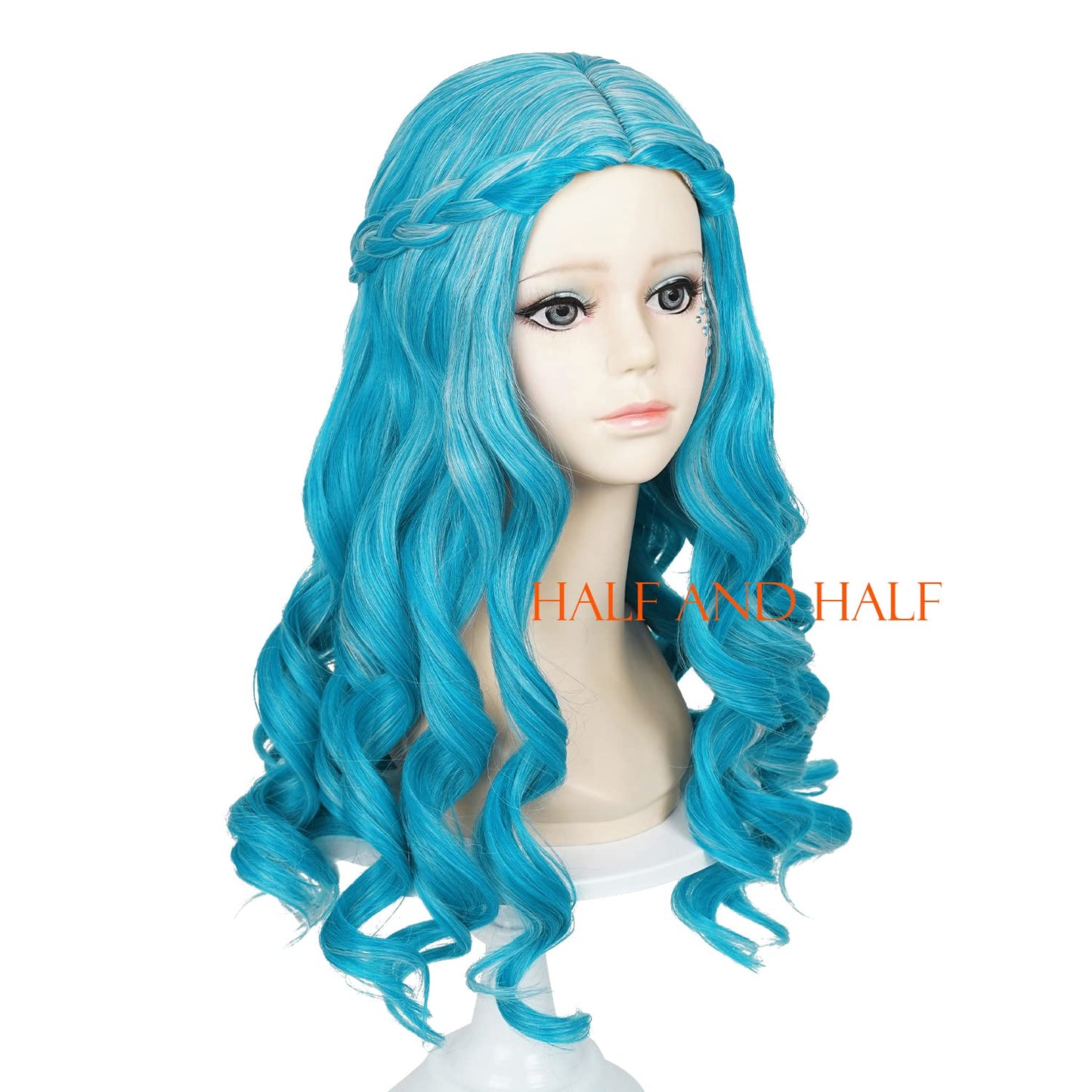 Long Curly Blue Wig For Kids With Rhinestones & Wig Cap, Blue Gradient Wave Wigs Toddler Child Synthetic Fiber Hair Blue Wigs Fo