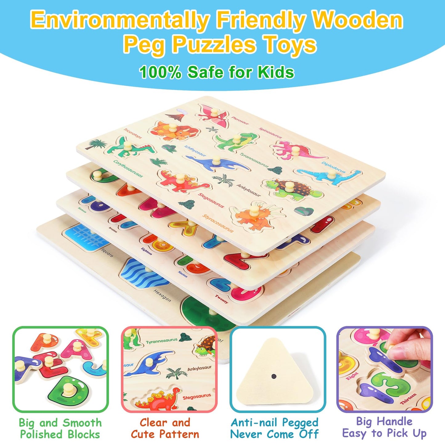 Montessori Wooden Peg Puzzles For Toddlers 2 3 4 5 Year Old, 4 Pcs Kids Educational Toys Preschool Learning Activities-Alphabet,