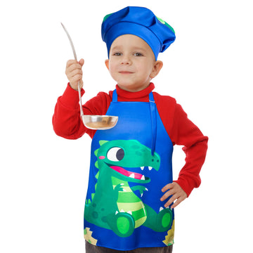 R HORSE Kids Aprons Chef Hat Sets Blue Cute Dinosaur Cooking Aprons Toddler Chef Hat Waterproof Art Painting Apron Boys Kitchen