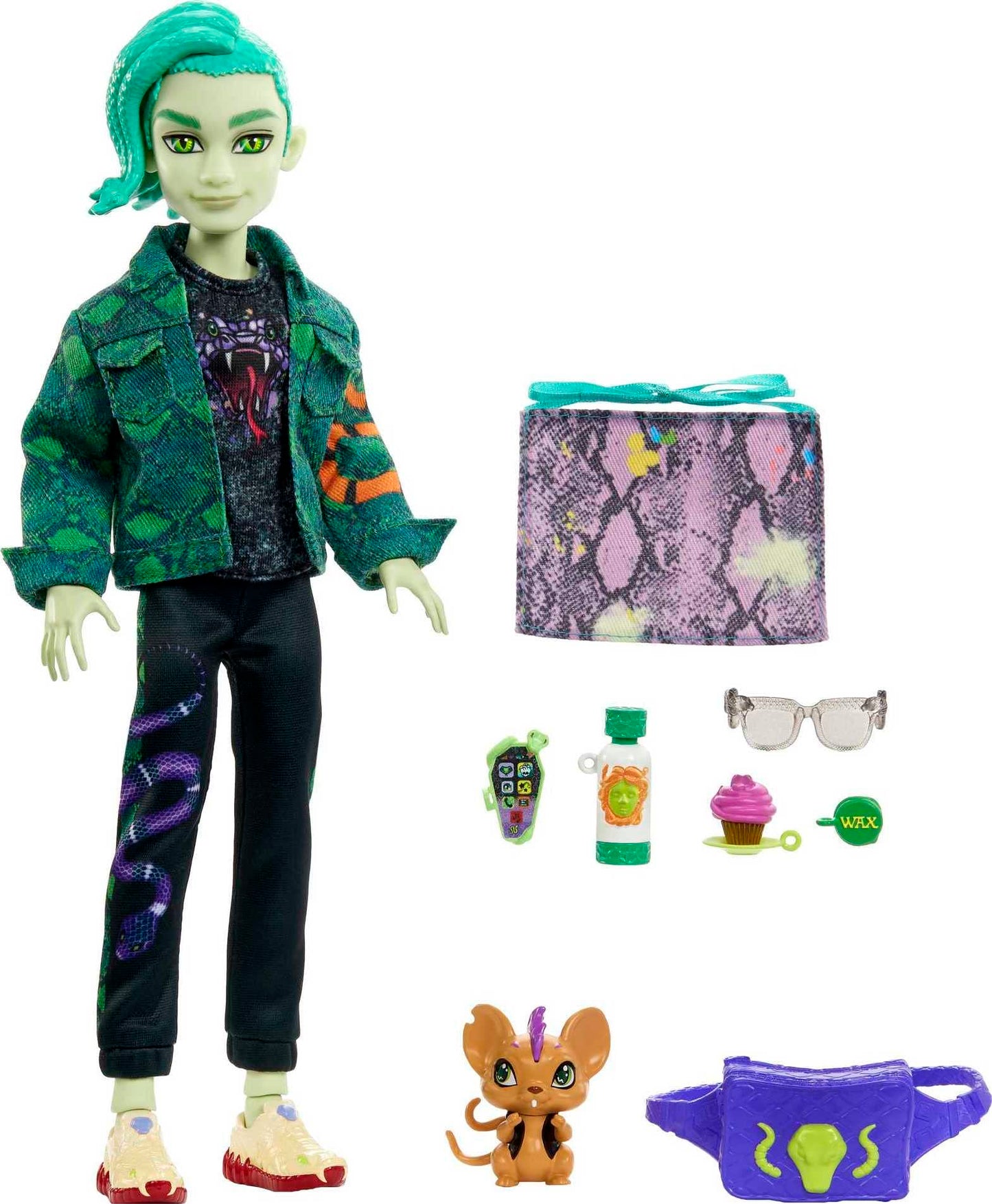 Monster High Deuce Gorgon Doll with Denim Snake Jacket & Accessories, Pet Mouse Perseus, 11.81 Tall, Multicolor