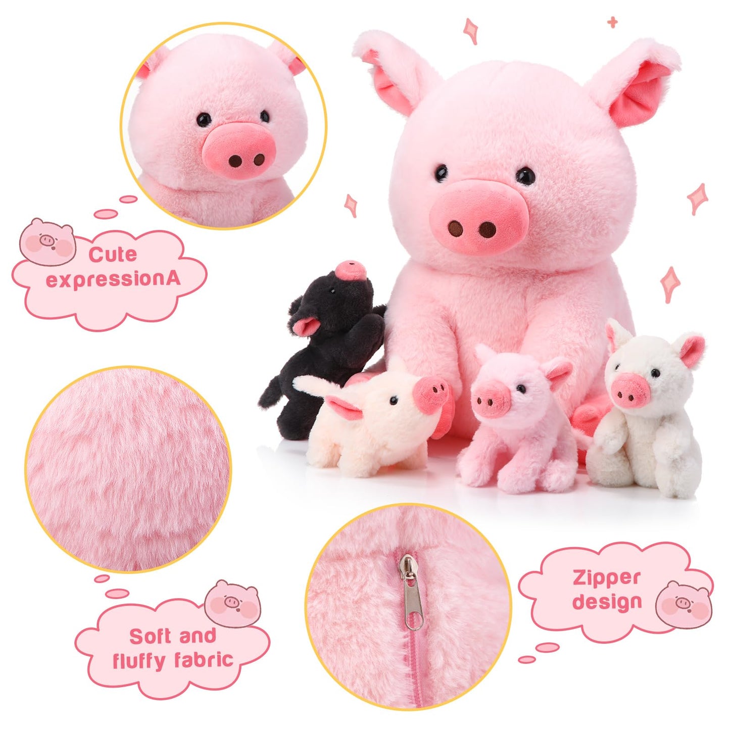 Silipull 5 Pcs Pig Stuffed Animals, 12 Inch Large Plush Mommy Pig With 4 Little Baby Pigs In Mother Pig'S Belly, Gift For Boys A