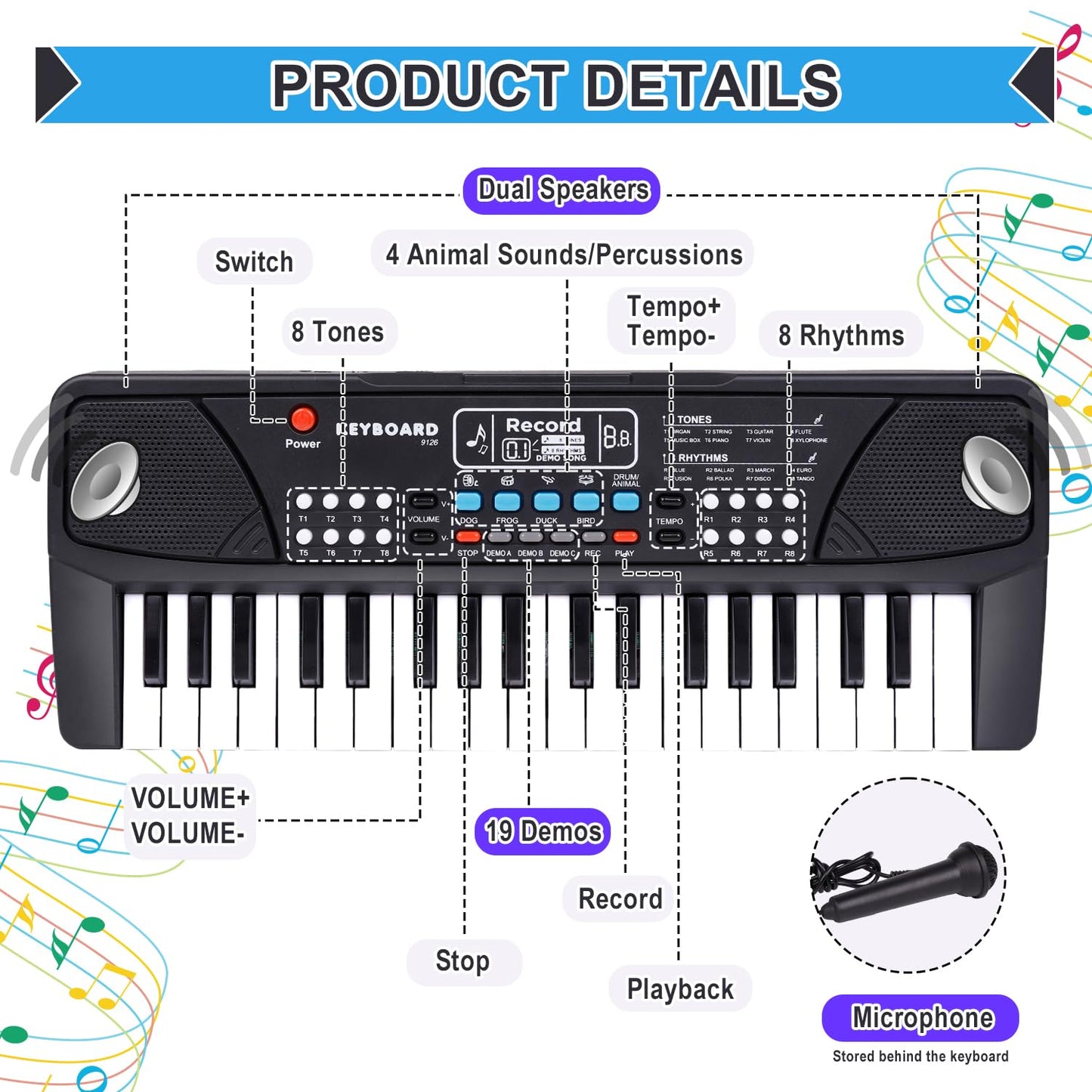 M Sanmersen Upgraded Kids Piano Keyboard 37 Keys With Microphone, Music Toys Birthday Gifts For 3 4 5 6 Year Old Boys Girls, Black