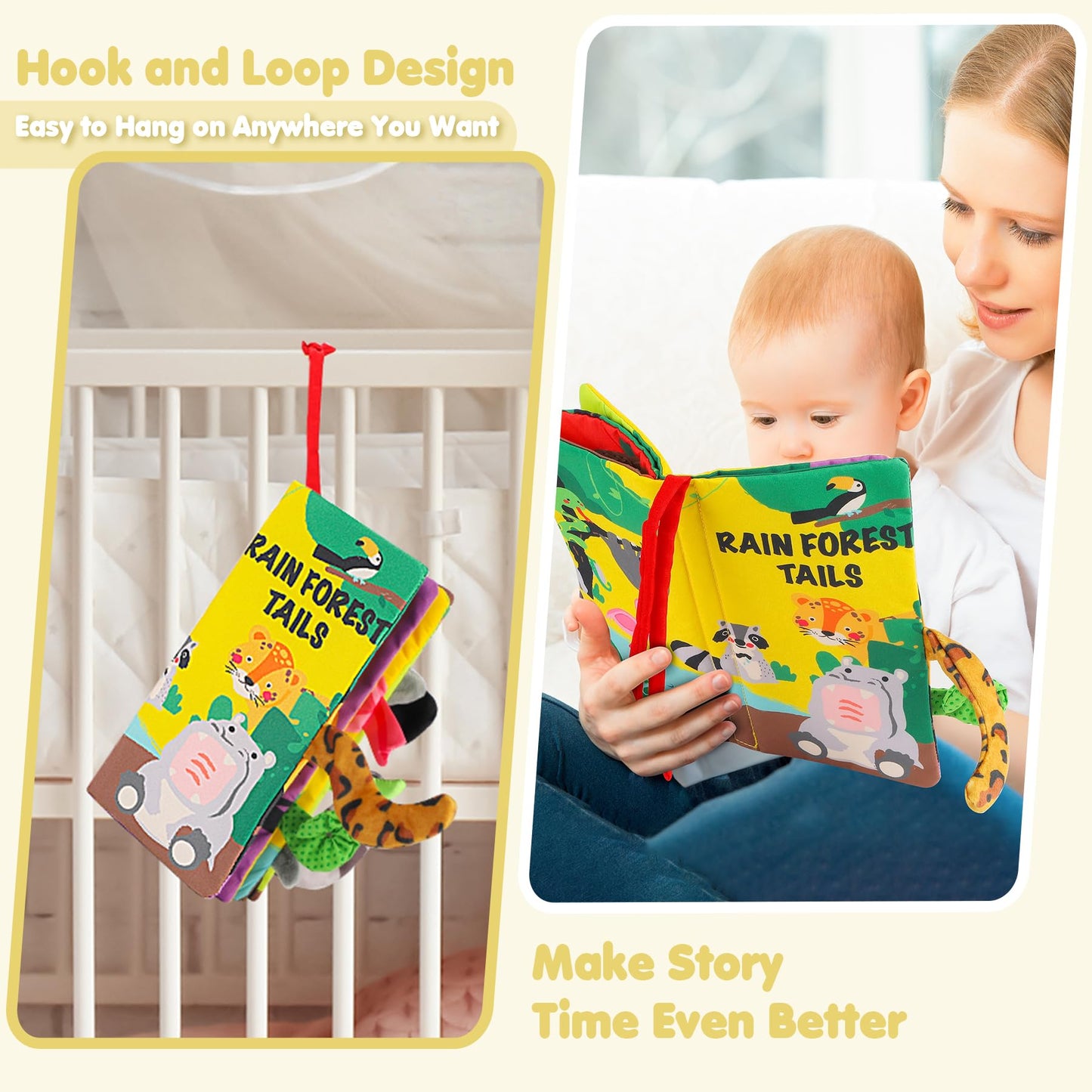 Beiens Baby Books Toys, Touch And Feel Crinkle Cloth Books For Babies, Infants & Toddler, Early Development Interactive Car & Stroller Soft Toys For Boys & Girls (Rainforest Tails-1 Book)